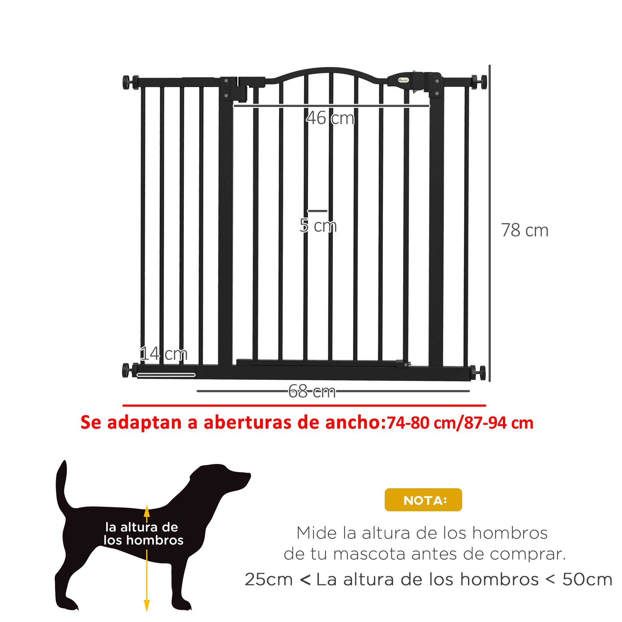 Puerta para mascotas negra con medidas en cm. Incluye una silueta de perro y texto sobre cómo medir la altura de los hombros de la mascota.