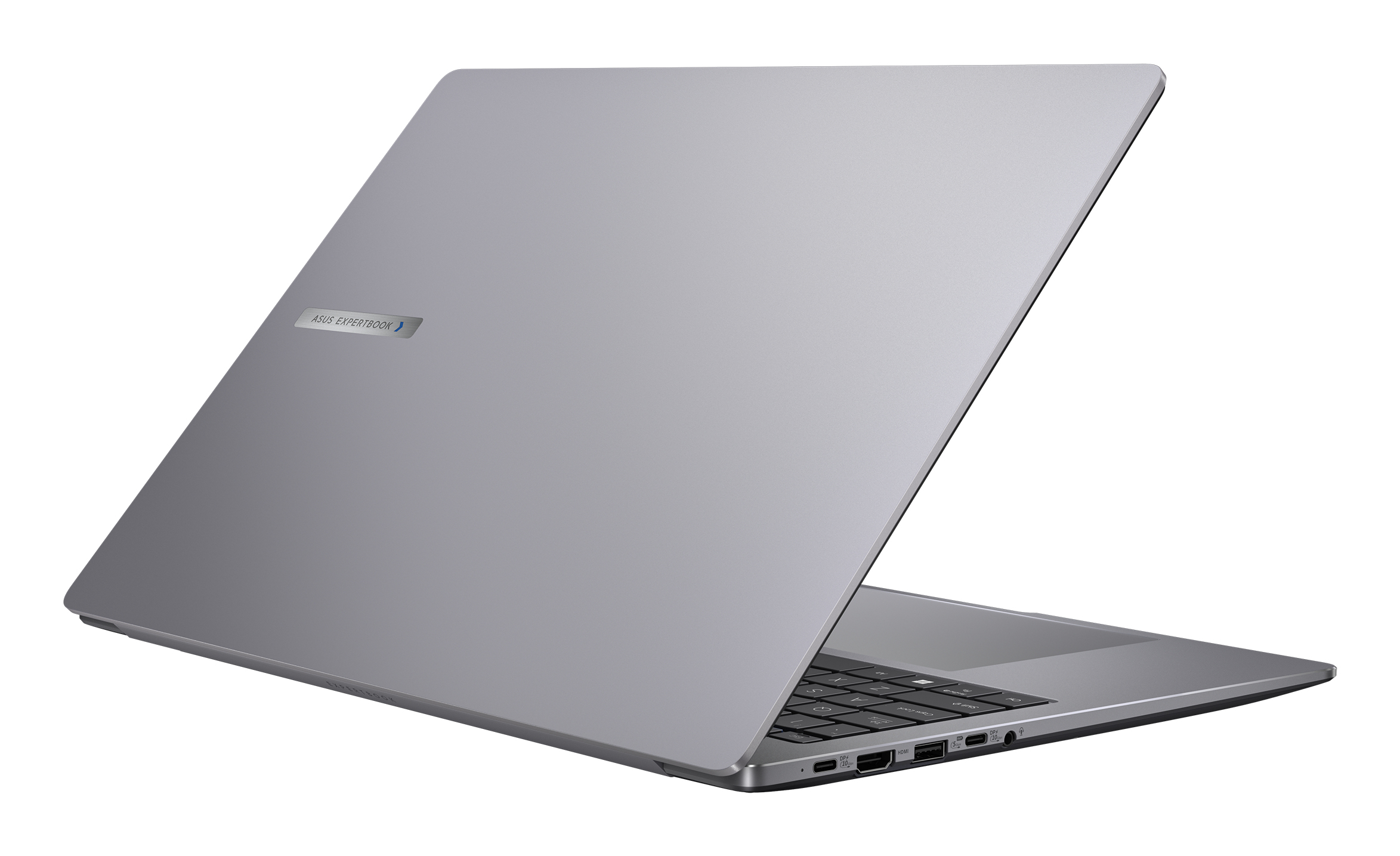 Un laptop grigio è angolato, mostrando la tastiera e la cover posteriore con il logo ASUS ExpertBook.