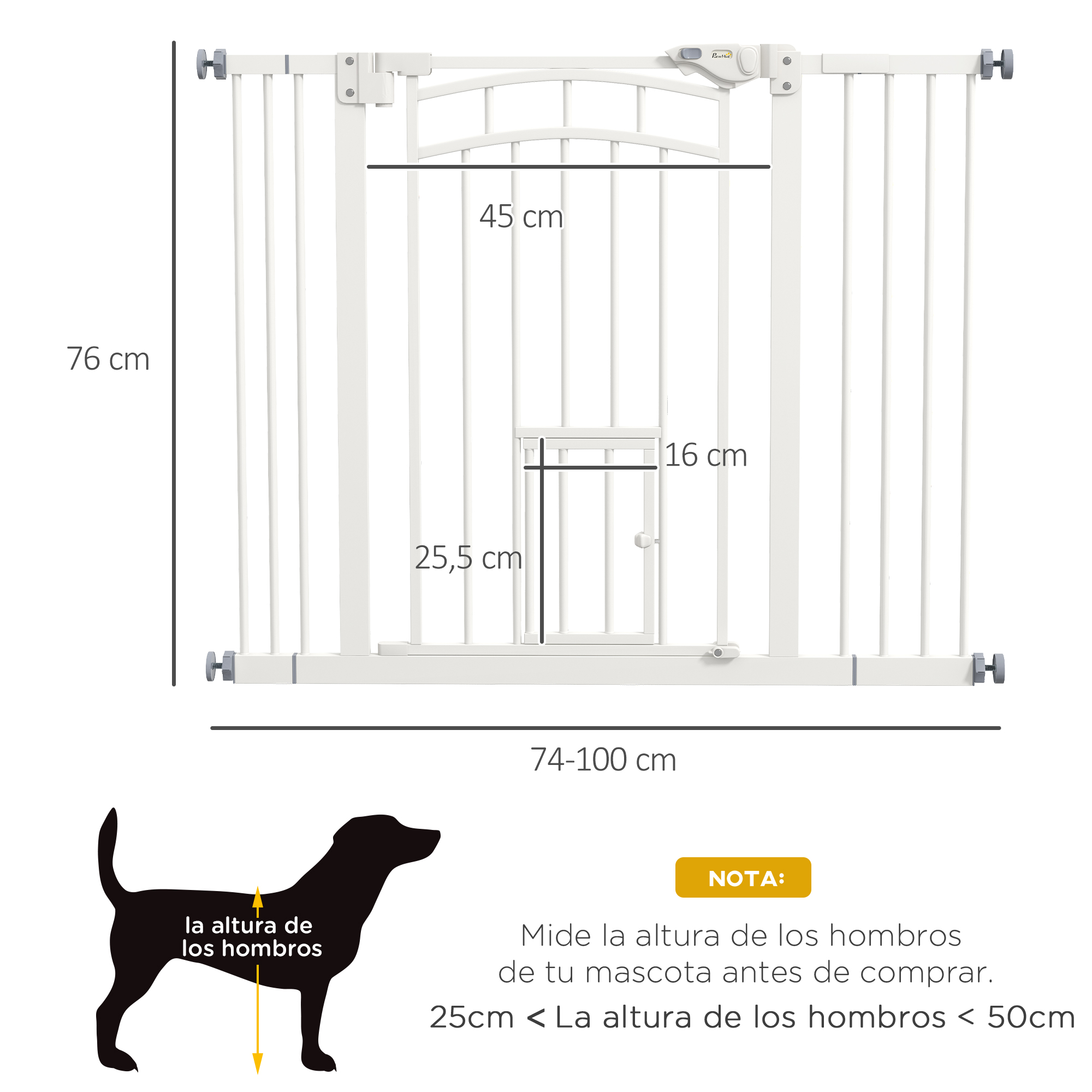 Puerta para mascotas blanca con dimensiones, una silueta de perro que indica la medición de altura y una nota sobre la altura del hombro de la mascota.