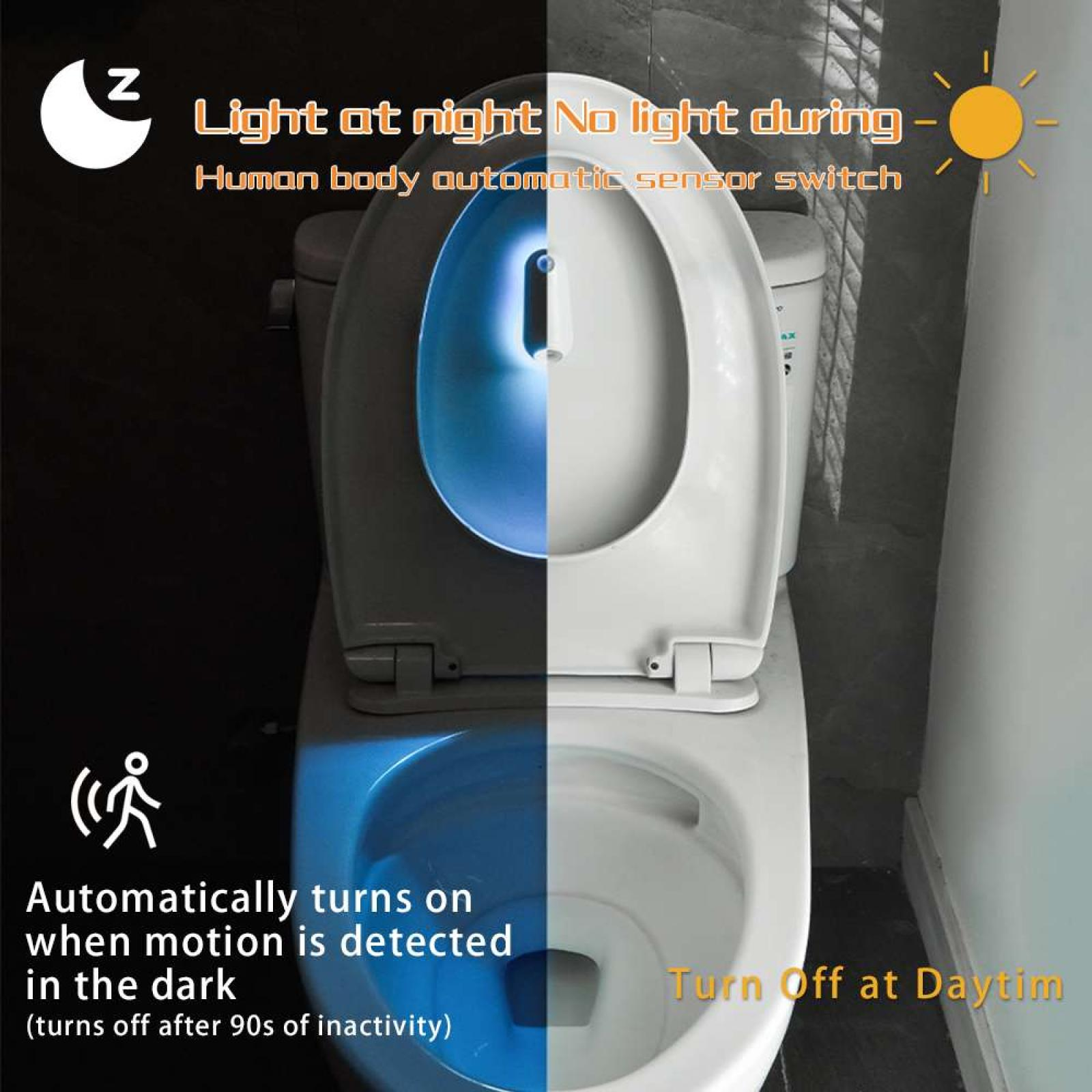 Eine Toilette mit blau beleuchtetem Innenraum. Der Text lautet 'Licht bei Nacht' und 'Schaltet sich automatisch ein'.