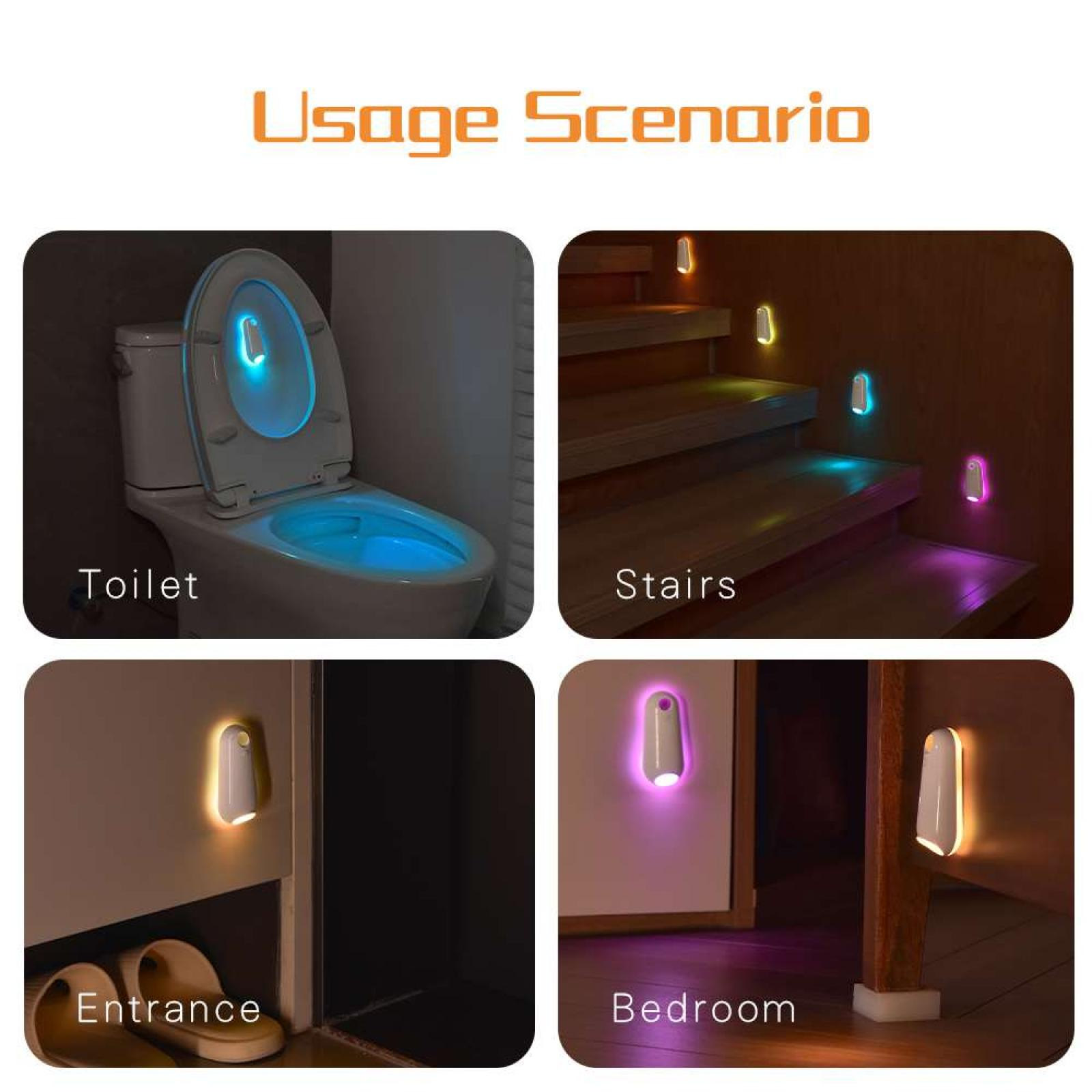 Das Bild zeigt beleuchtete Lichter in Toilette, Treppe, Eingang und Schlafzimmer. Jeder Ort hat ein anderes farbiges Licht.