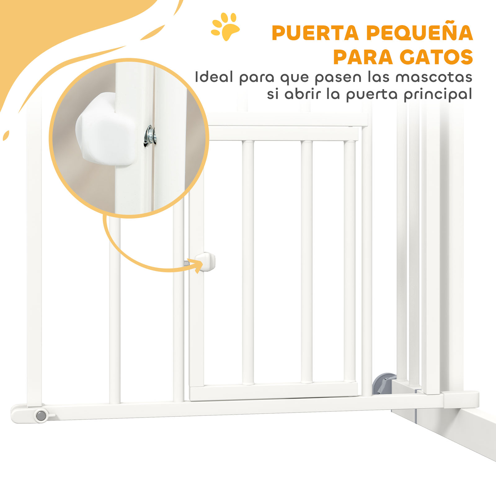 Puerta para mascotas blanca con puerta pequeña, texto en español, ideal para gatos sin abrir la puerta principal.