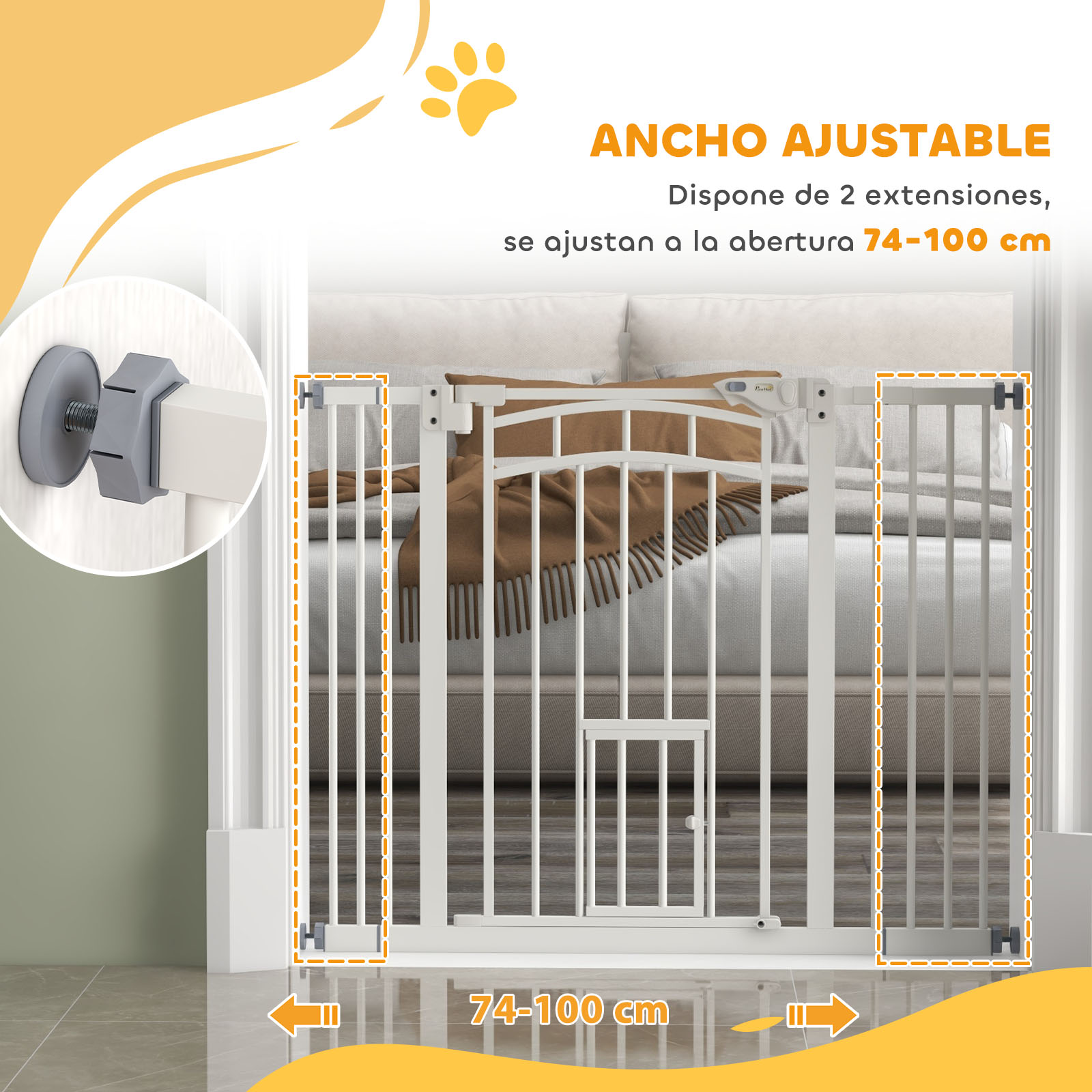 Barrera de seguridad blanca ajustable para bebés o mascotas, con extensiones. Se adapta a huecos de 74-100 cm.