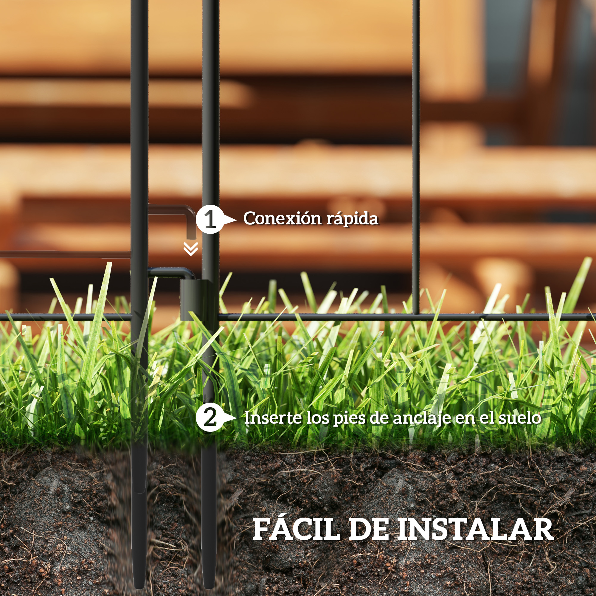 Imagen muestra pasos de instalación de valla. Piezas negras de valla en hierba verde. El texto indica conexión rápida y anclaje al suelo.