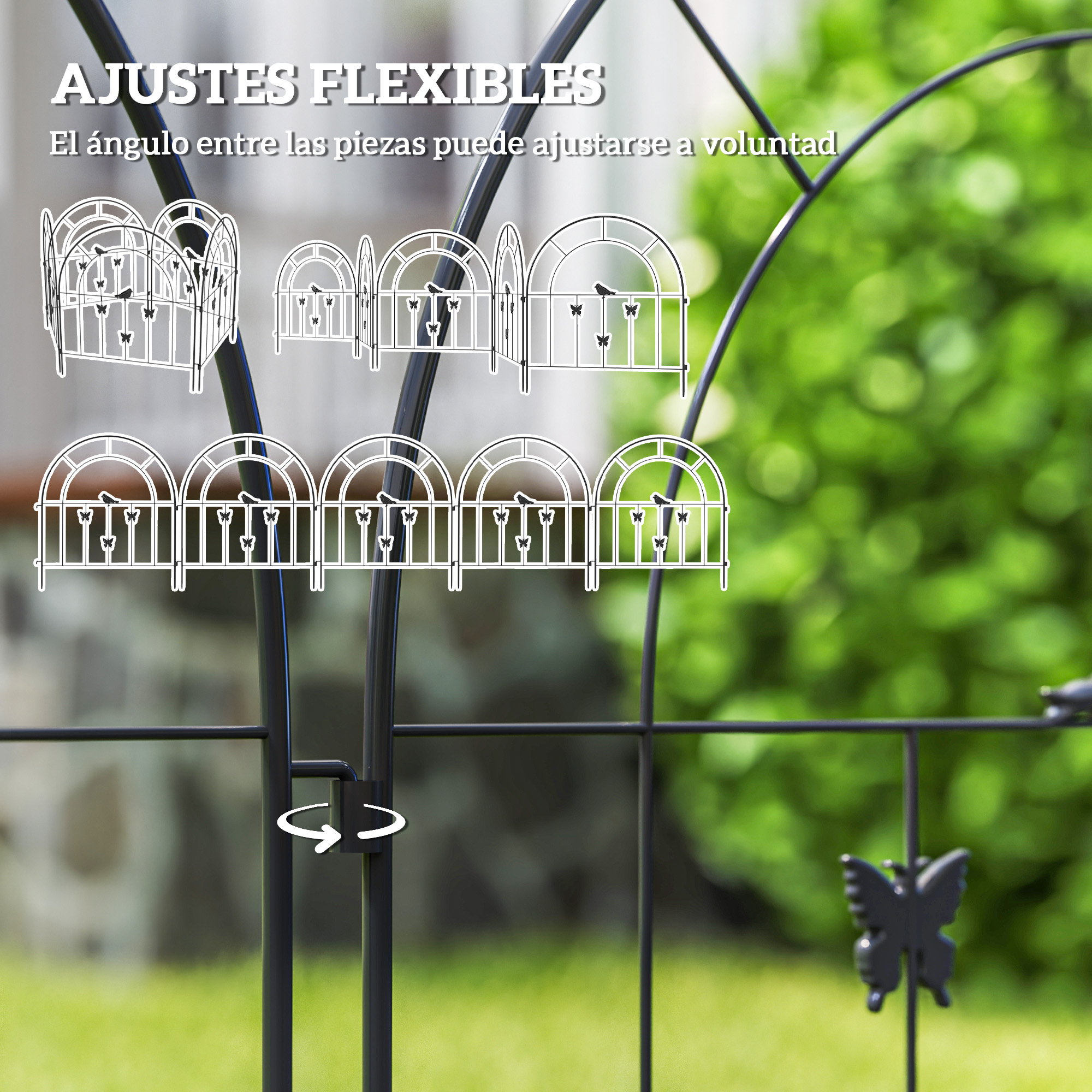 La imagen muestra una valla de jardín de metal flexible con decoración de mariposas y opciones de ajuste.
