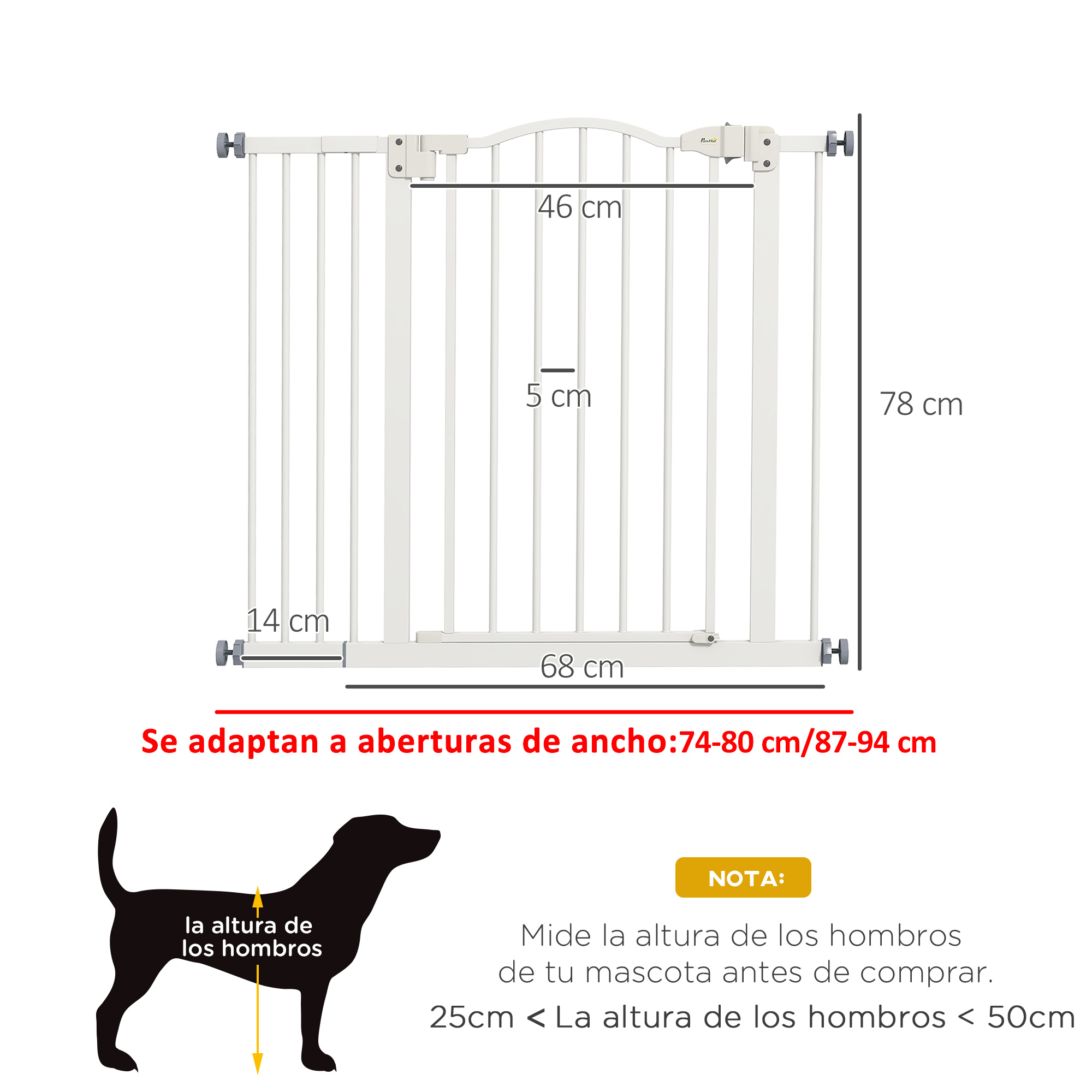 Puerta para mascotas blanca con medidas en cm. Incluye una silueta de perro y texto sobre cómo medir la altura de los hombros de la mascota.