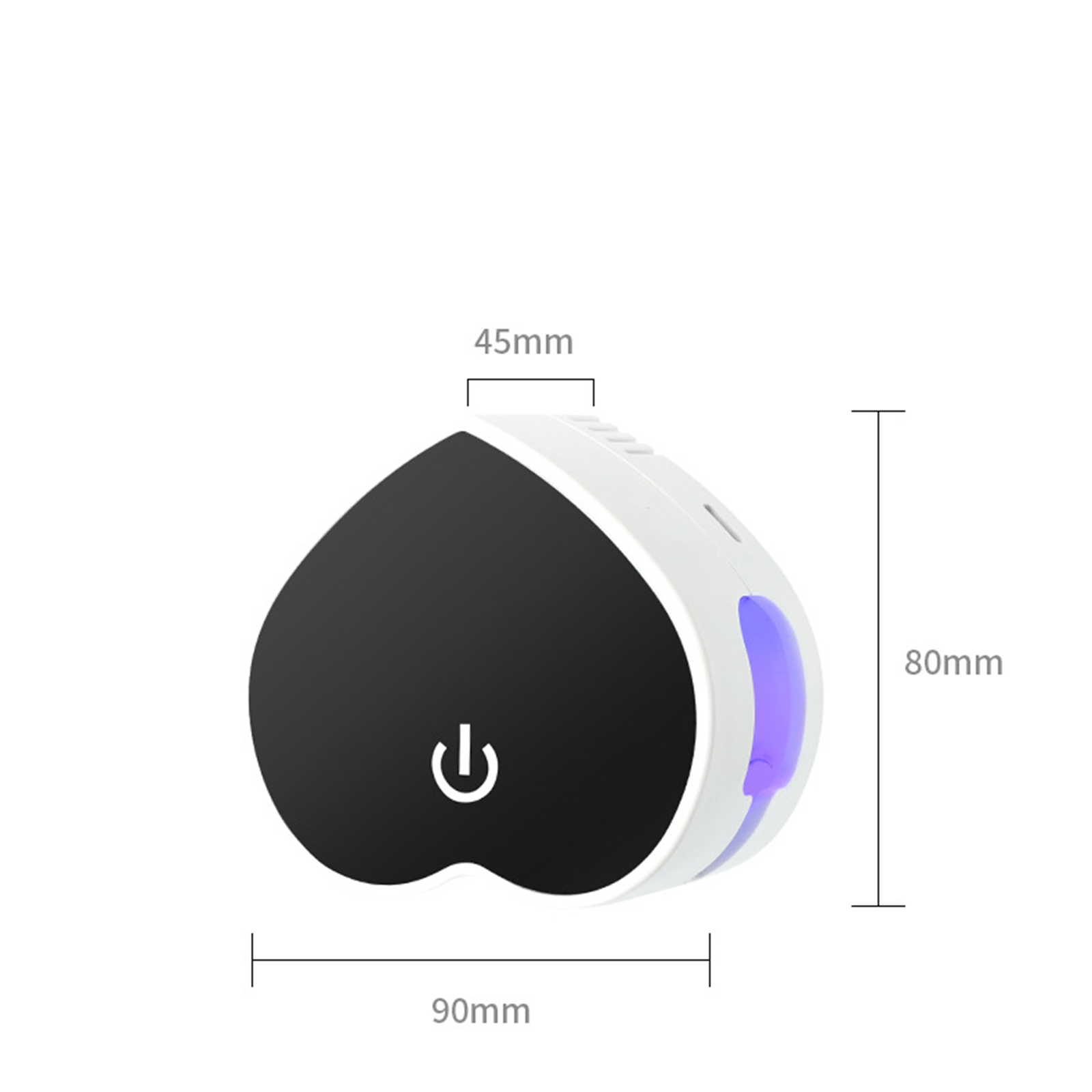 Ein weißes und schwarzes Gerät mit einem Power-Knopf, Maße werden angezeigt. Die Seite hat ein lilafarbenes Licht.