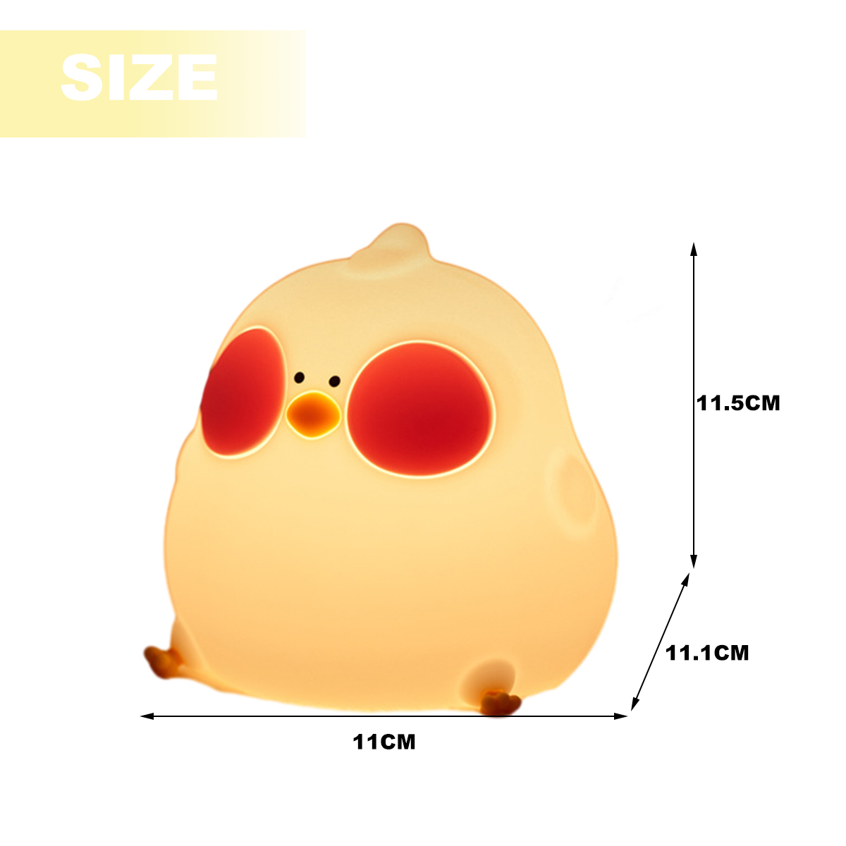 Ein gelbes Küken-Nachtlicht mit roten Wangenkreisen, schwarzen Augen und einem orangefarbenen Schnabel. Die Abmessungen sind mit 11 cm, 11,1 cm und 11,5 cm angegeben.