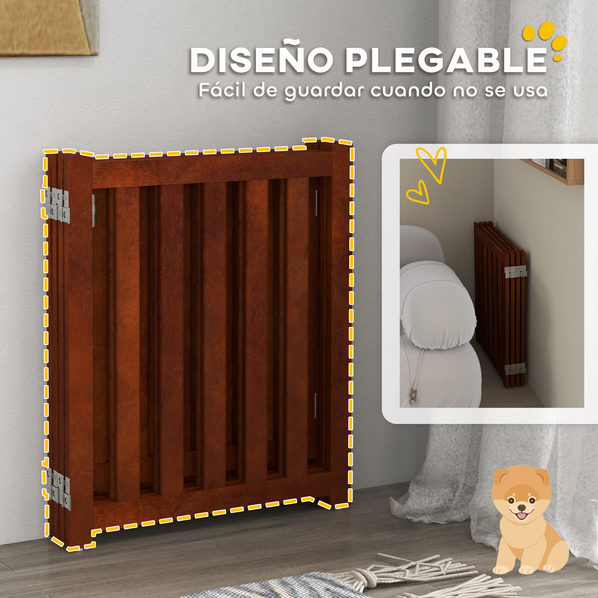 Se muestra una puerta de madera plegable marrón para mascotas. Está en la esquina de una habitación, y un perro de dibujos animados está en la parte inferior derecha.