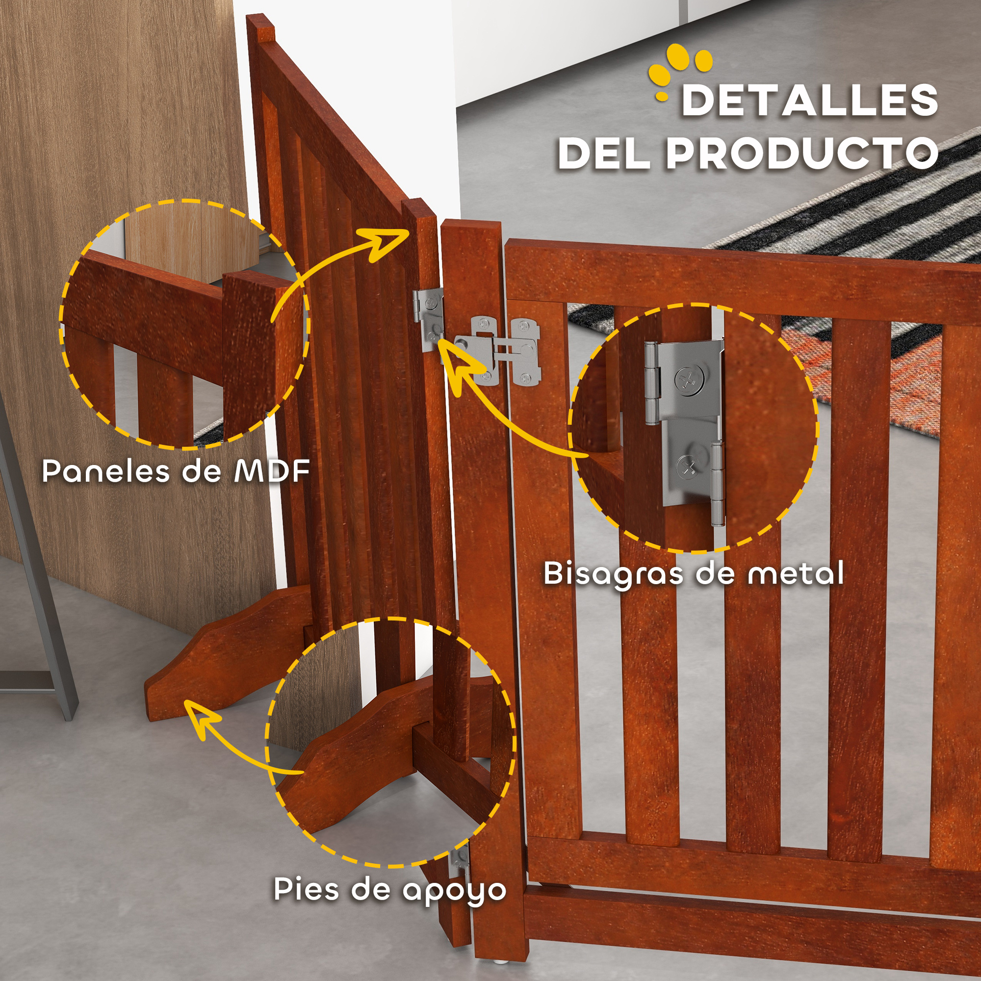 Puerta de madera con bisagras metálicas, pies de apoyo y paneles de MDF. La puerta es marrón y tiene una alfombra a rayas.