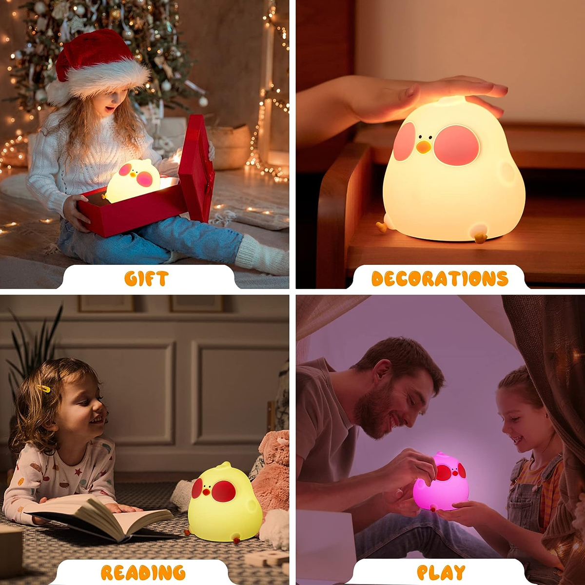 Ein Mädchen öffnet ein Geschenk mit einer kükenförmigen Lampe. Andere Szenen zeigen die Lampe, die als Dekoration, beim Lesen und Spielen verwendet wird.