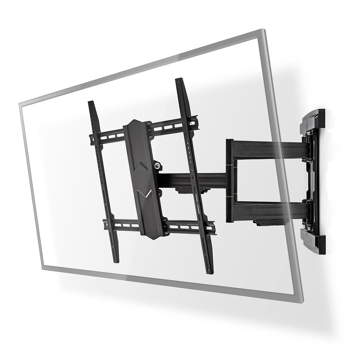 Eine schwarze TV-Halterung ist an einer weißen Wand befestigt. Die Halterung trägt einen transparenten Bildschirm.