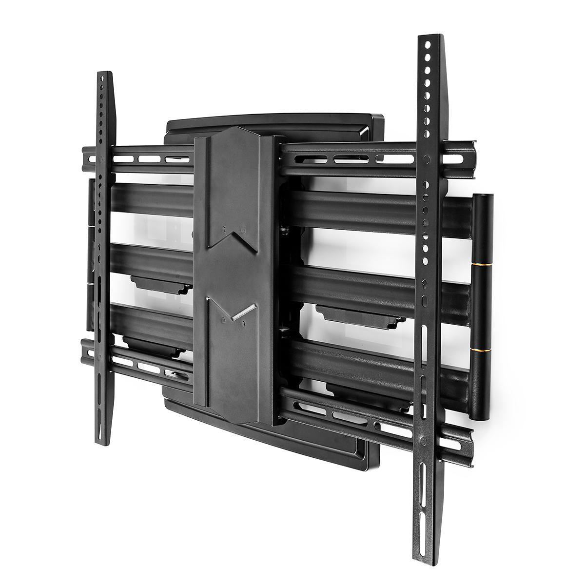 Eine schwarze TV-Wandhalterung mit mehreren Metallarmen und Halterungen, vor weißem Hintergrund montiert.