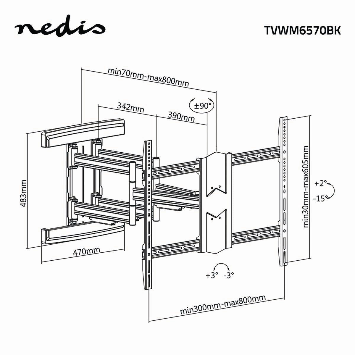 Eine schwarze TV-Wandhalterung mit Abmessungen. Markenname 'nedis' sichtbar. Verschiedene Maße sind beschriftet.