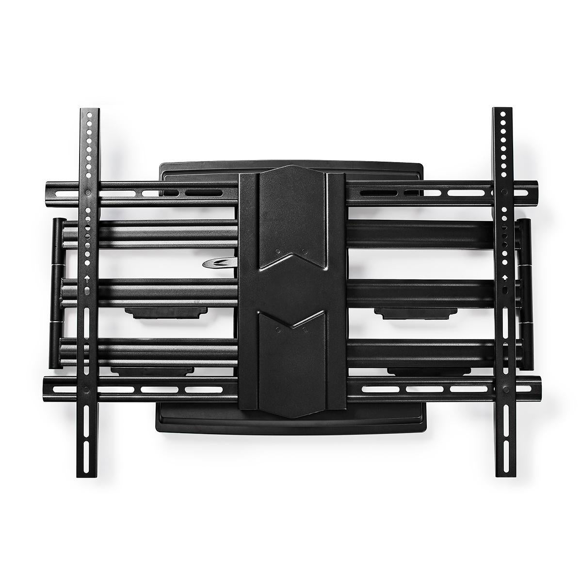 Eine schwarze TV-Wandhalterung mit horizontalen und vertikalen Stangen und einer zentralen Platte, vor weißem Hintergrund.