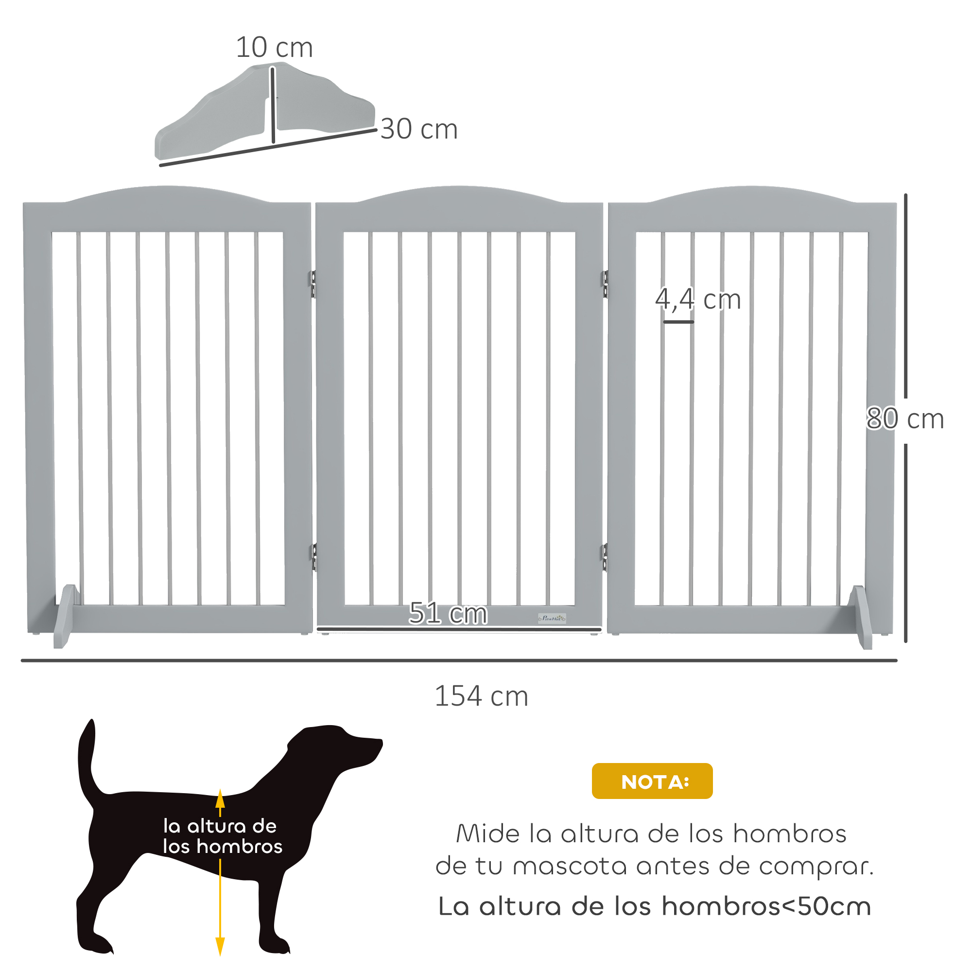 Una puerta gris para mascotas con dimensiones etiquetadas. También hay una silueta de perro y una nota sobre la medición de la altura del hombro de la mascota.