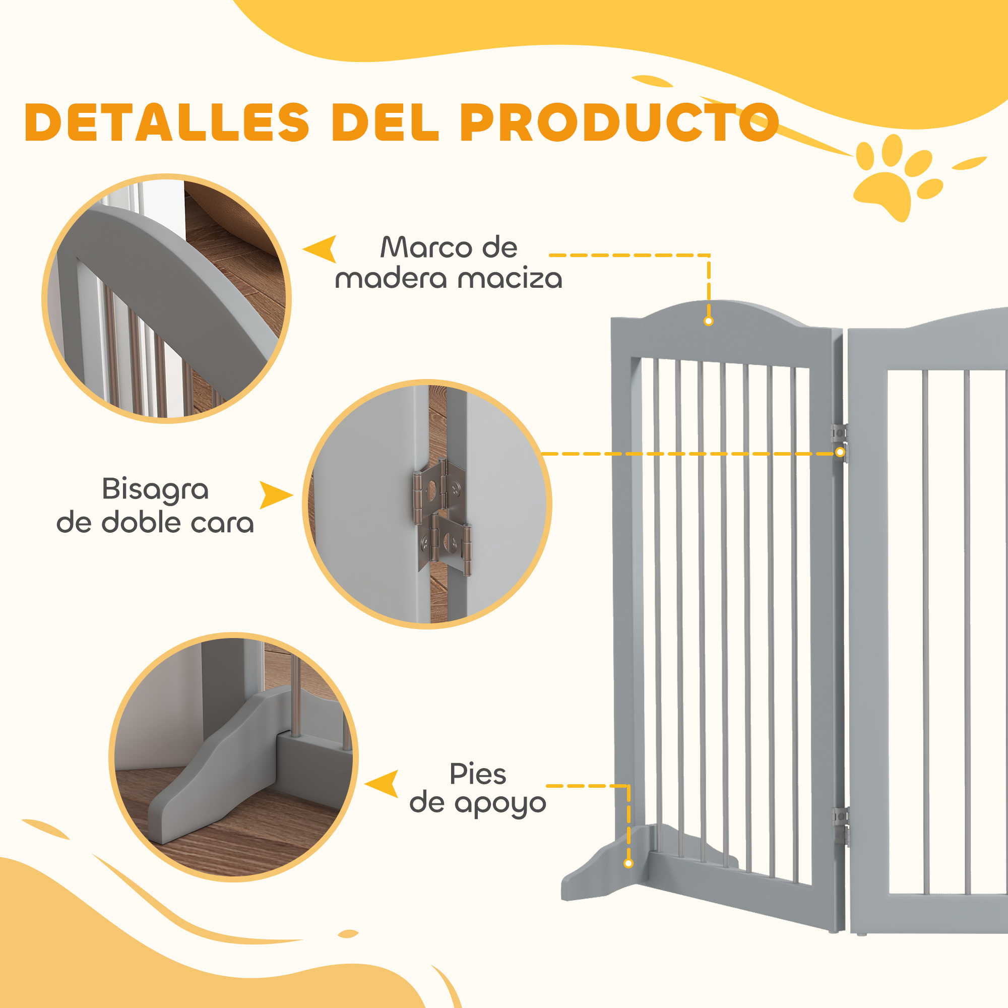 La imagen muestra detalles de una puerta de madera gris, con anotaciones que señalan el marco, las bisagras y los pies de apoyo.