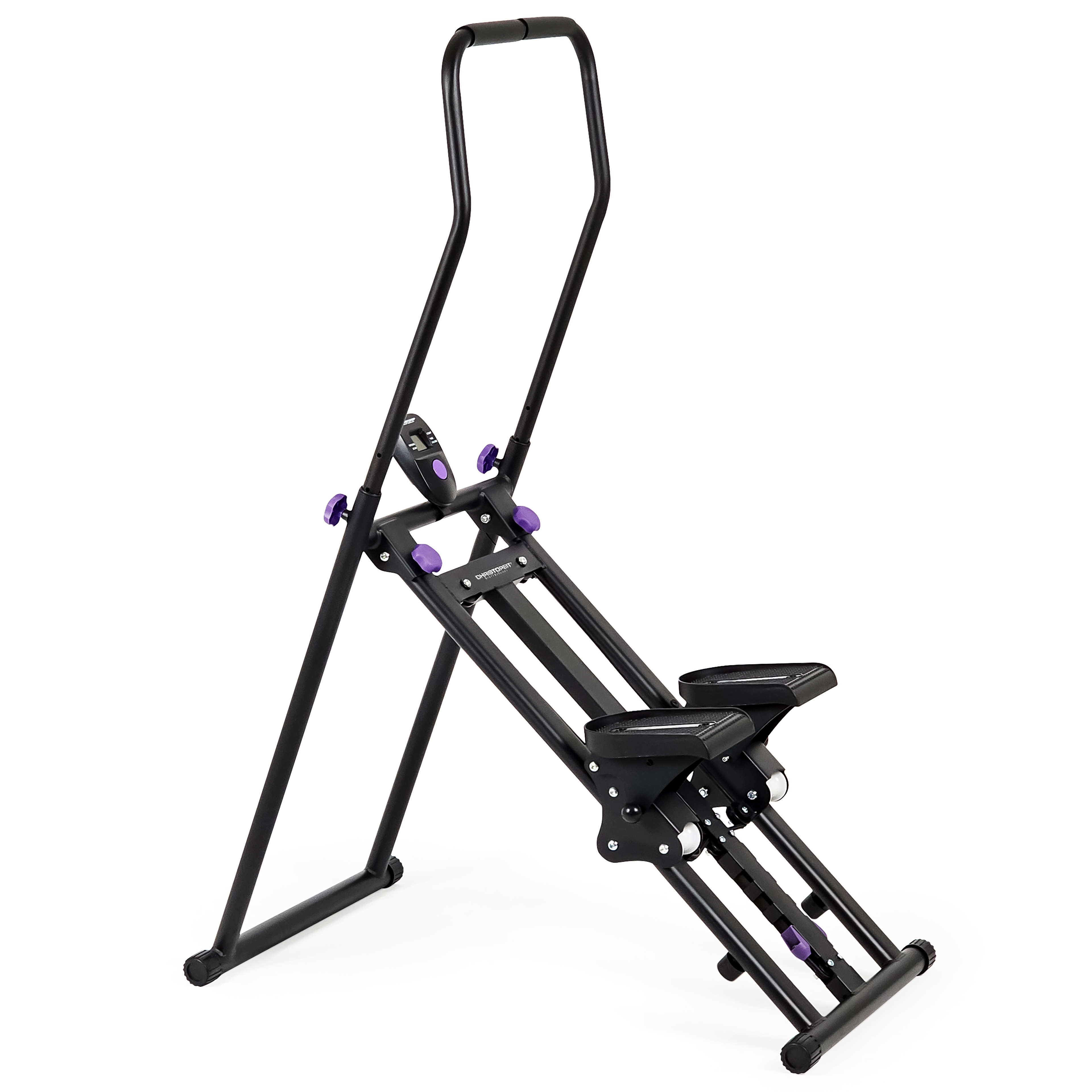 Ein schwarz-violettes Trainingsgerät, das einem Stepper ähnelt, auf weißem Hintergrund.