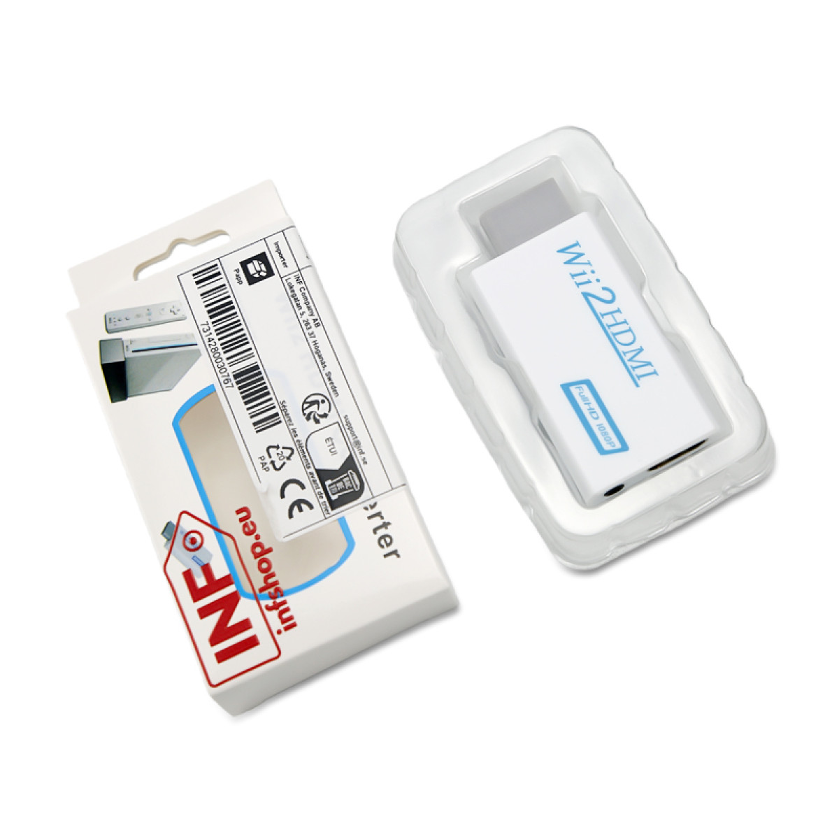 Biały adapter Wii2HDMI w plastikowym etui i jego pudełku. Pudełko jest białe z niebieskim i czerwonym tekstem. Adapter mówi Full HD 1080p.