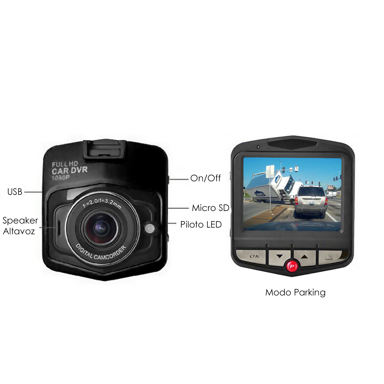 Una cámara DVR para automóvil con una pantalla que muestra una escena de carretera. El DVR tiene botones y etiquetas para sus funciones.