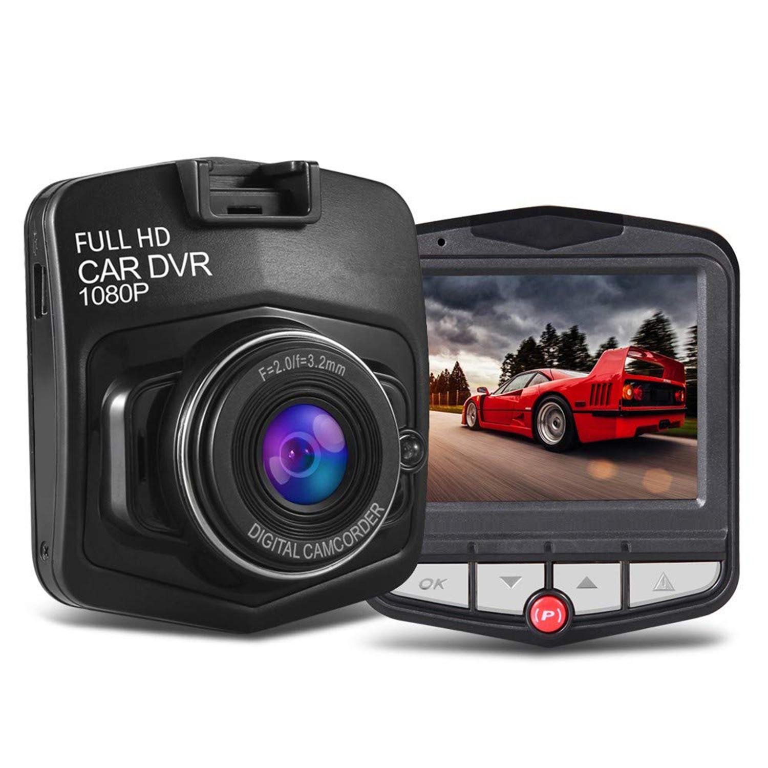 Una cámara DVR negra para coche con pantalla que muestra un coche rojo. El DVR tiene botones y texto: 'FULL HD CAR DVR 1080P'.