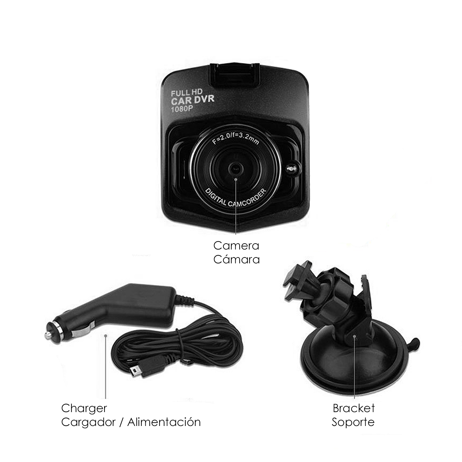 Una cámara DVR para coche con cargador y soporte. La cámara es negra con una lente. El cargador y el soporte también son negros.