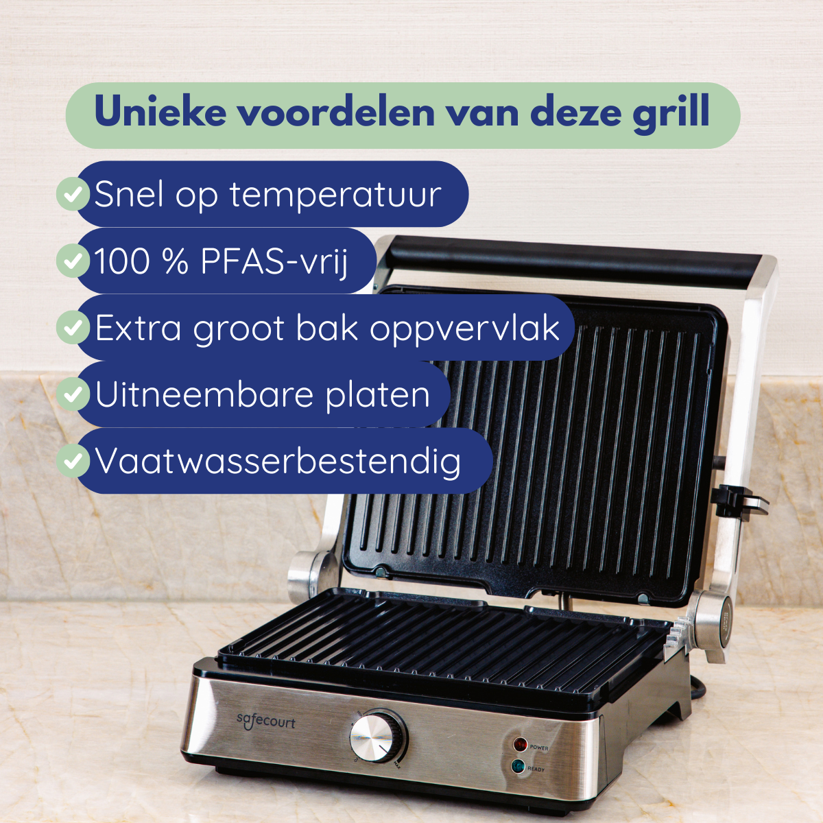 An open electric grill with black grates and a silver body. Text highlights features such as quick heating and dishwasher-safe.