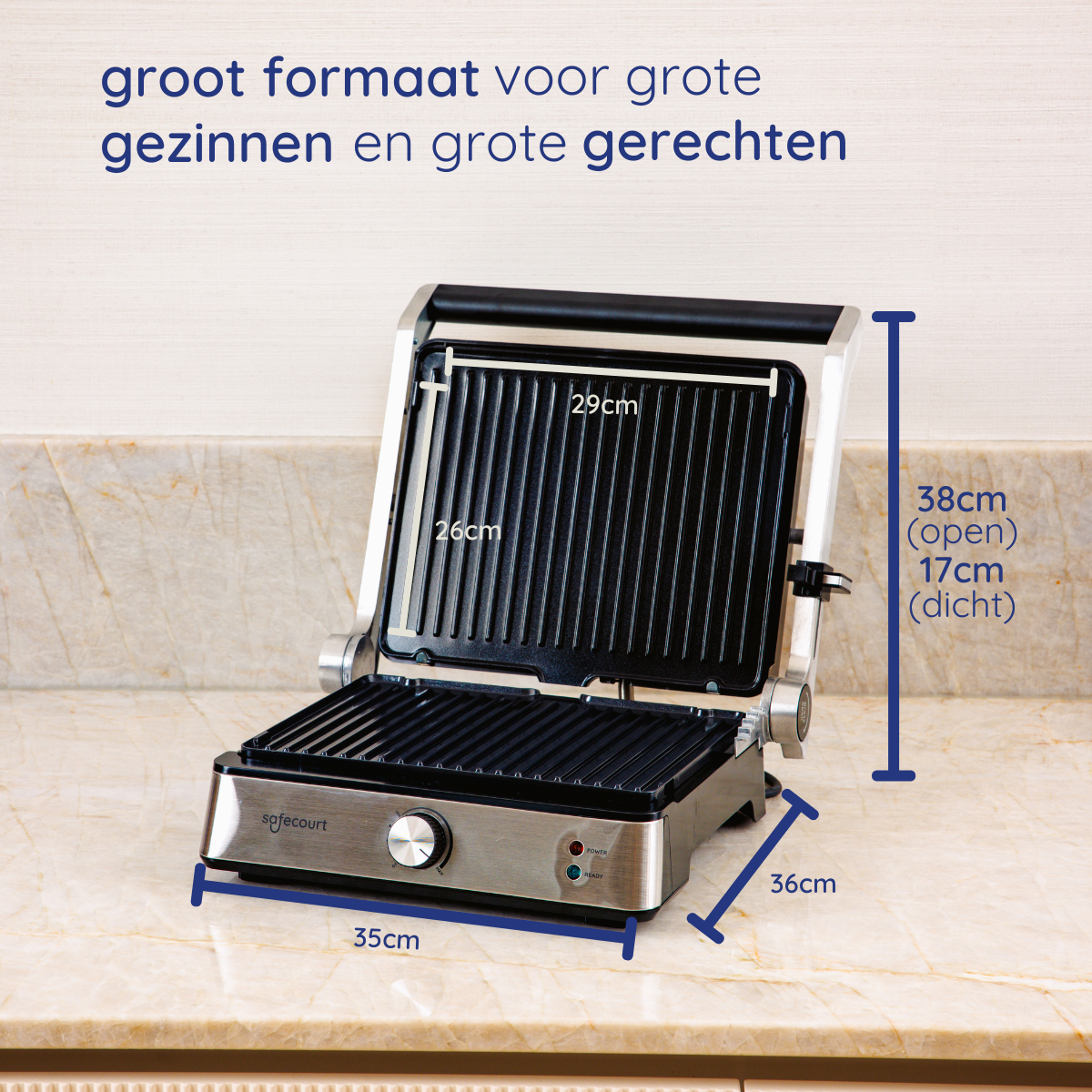 A Safecourt grill is open on a countertop. Dimensions are indicated. Text at the top says: 'Large size for large families and large dishes'.