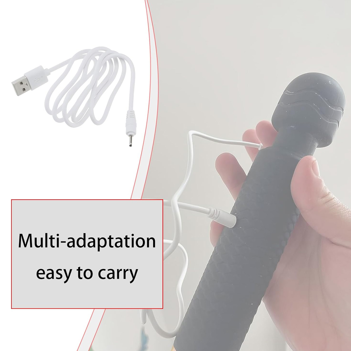 Ein schwarzes Massagegerät wird von einer Hand gehalten. Ein weißes USB-Kabel ist daran angeschlossen. Text: 'Multi-adaptation easy to carry'.