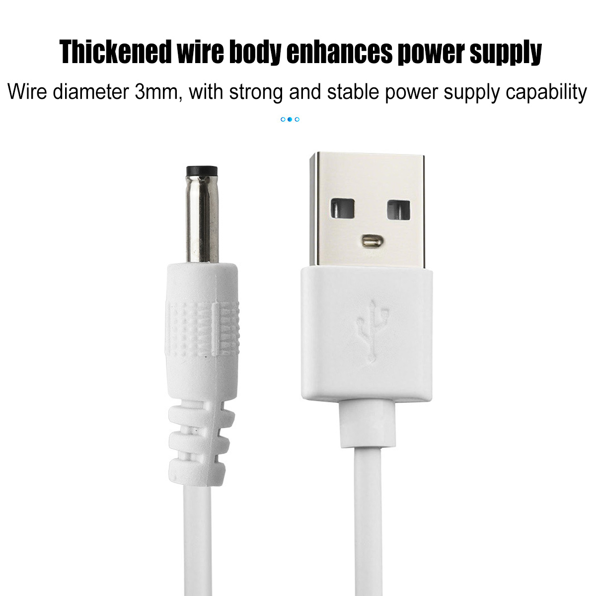 Weiße USB- und DC-Stromkabel. Das USB hat ein Symbol und das DC hat eine Metallspitze.