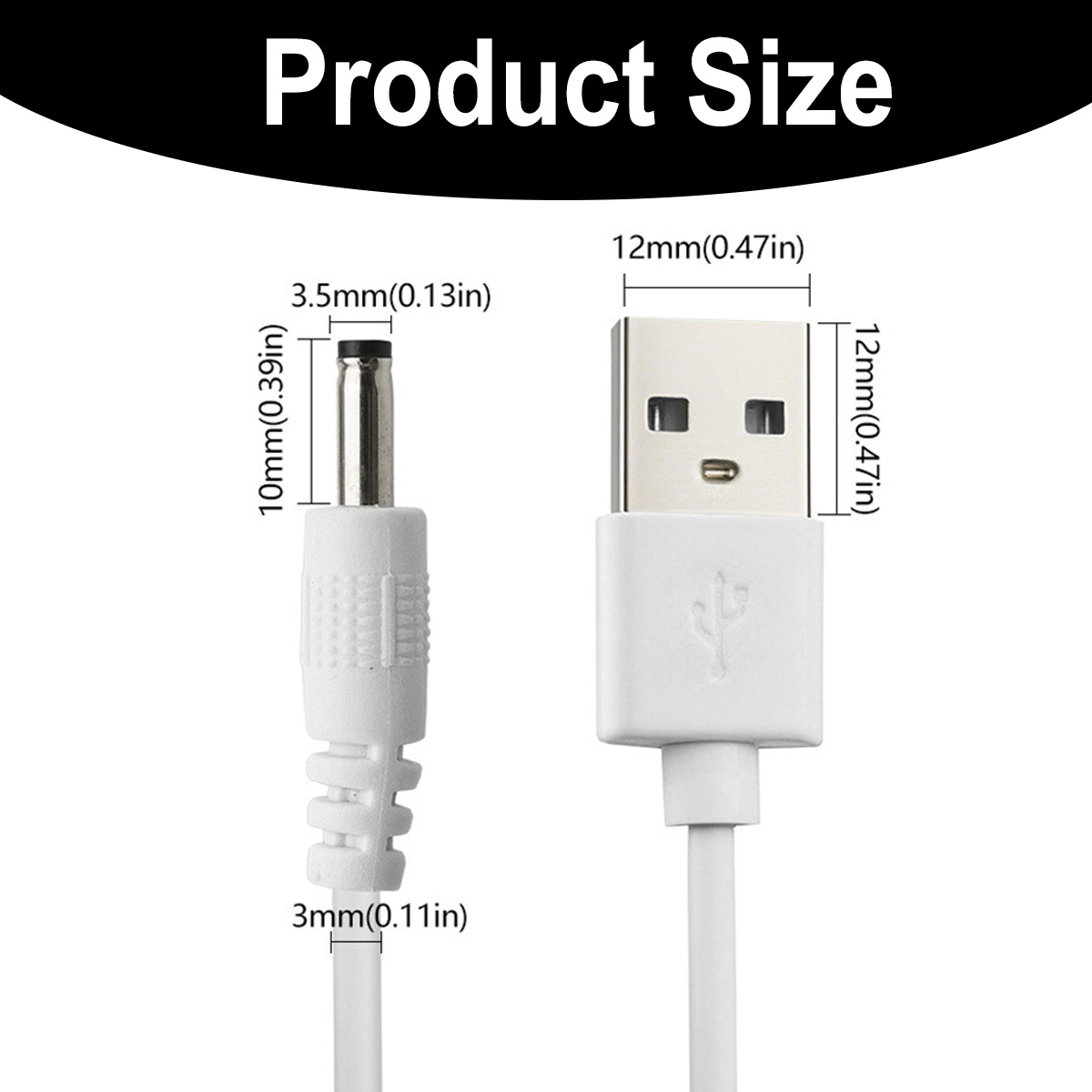 Das Bild zeigt ein weißes USB-Kabel und ein Gleichstromkabel. Auf dem Bild sind die Abmessungen angegeben, einschließlich 3,5 mm, 3 mm, 10 mm und 12 mm.
