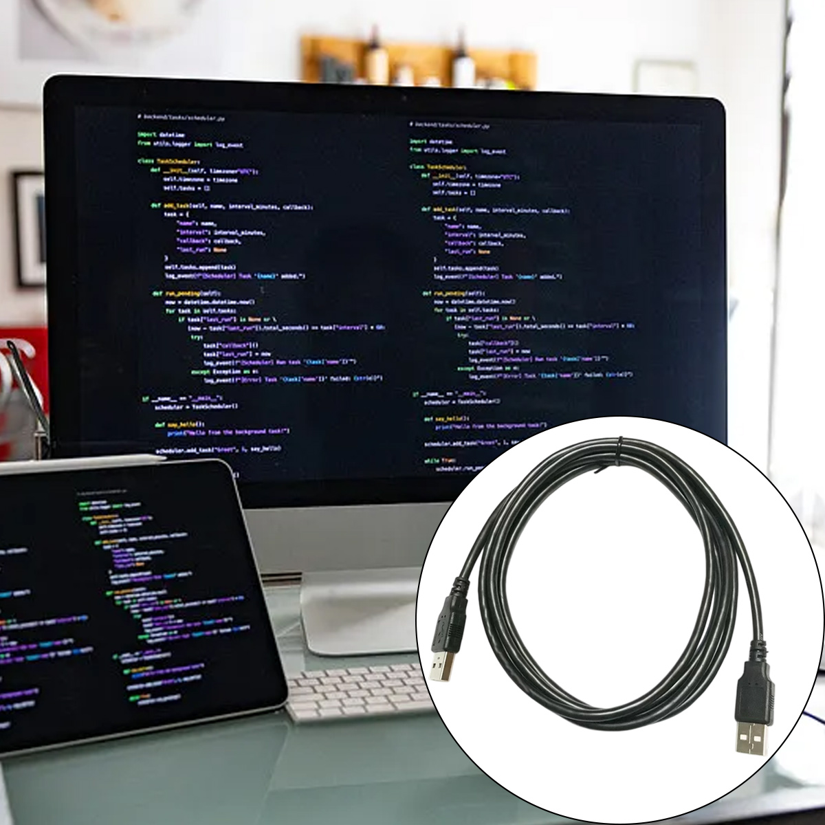 Ein Computerbildschirm und ein Tablet zeigen Code an. Ein schwarzes USB-Kabel liegt im Vordergrund. Der Hintergrund ist unscharf mit Büroartikeln.