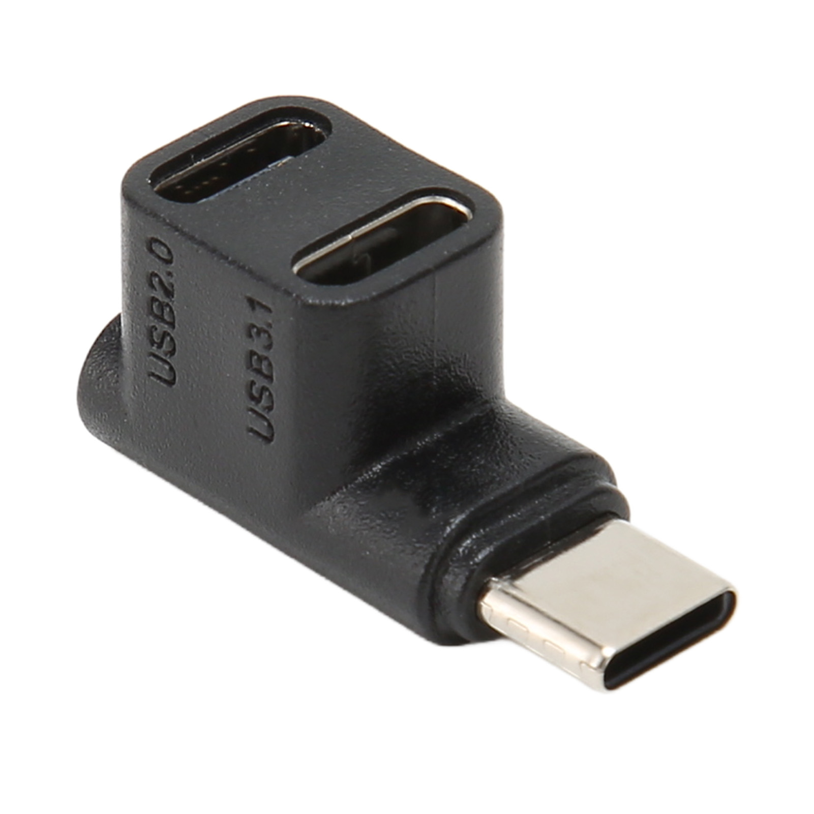 Schwarzer USB-Adapter mit USB 2.0- und USB 3.1-Anschlüssen. Er ist abgewinkelt und hat einen USB-C-Anschluss.