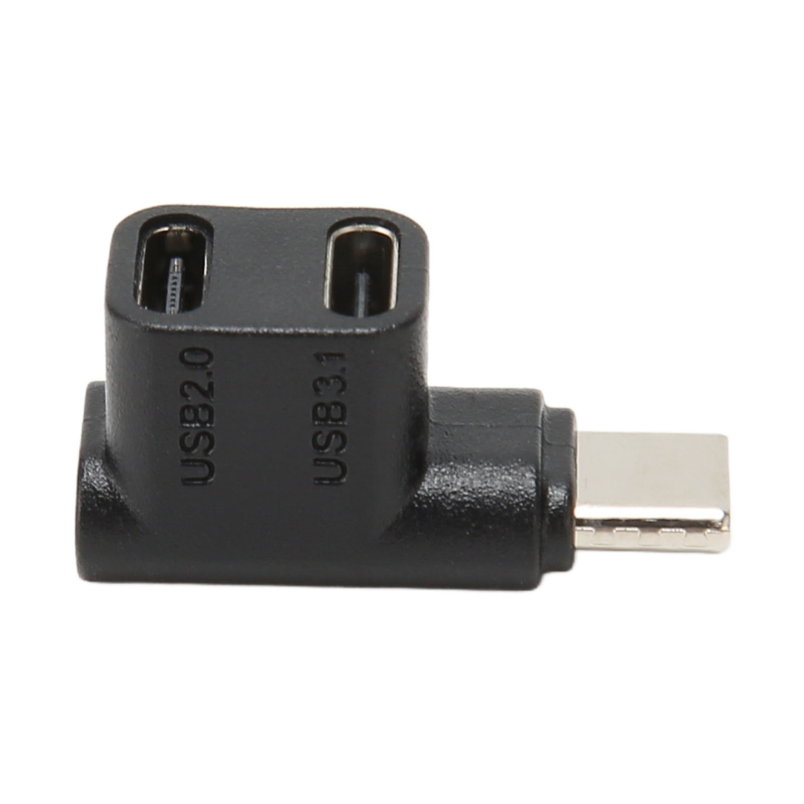 Schwarzer USB-Adapter mit USB 2.0- und 3.1-Anschlüssen. Ein silberner USB-C-Anschluss befindet sich an der Seite.