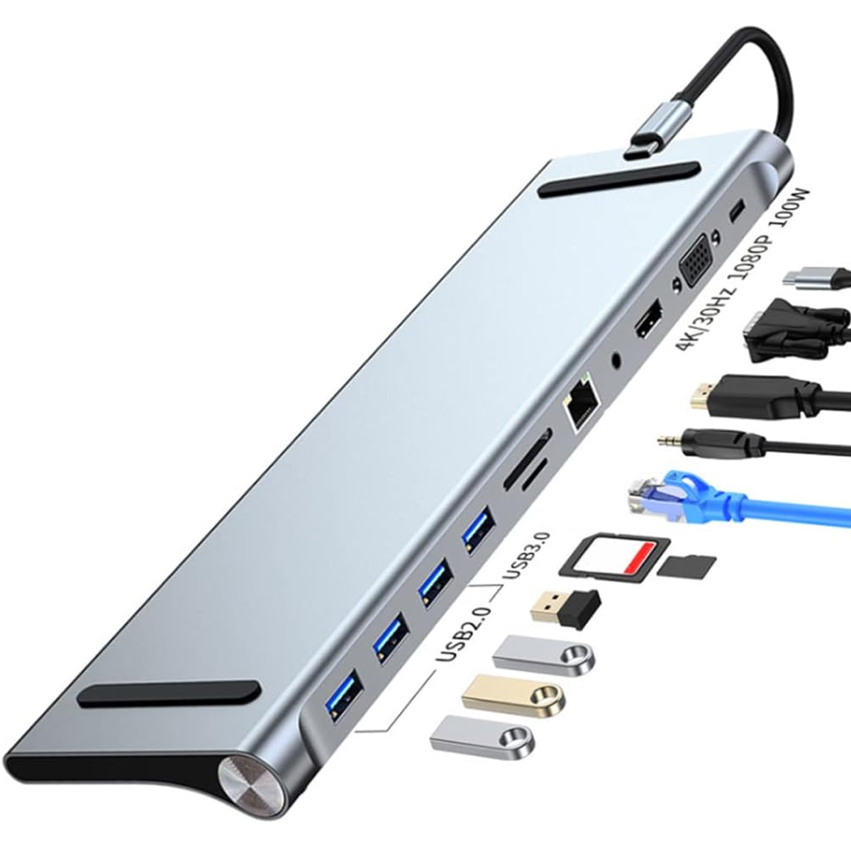 Silberner USB-Hub mit mehreren Anschlüssen, einschließlich USB, HDMI, Ethernet und Kartenleser. Verschiedene Anschlüsse sind abgebildet.
