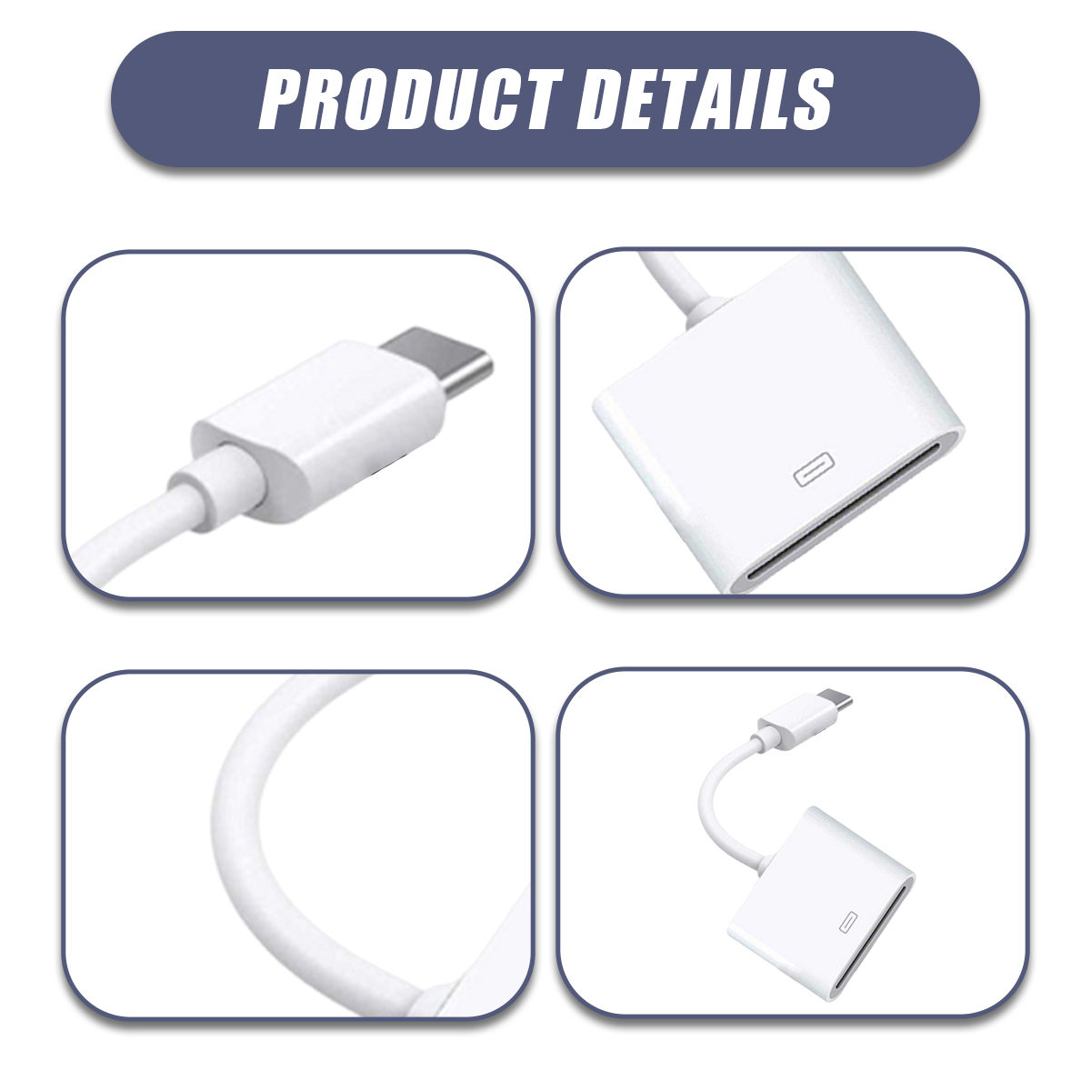 Das Bild zeigt Produktdetails, darunter ein weißes USB-C-Kabel und einen weißen Adapter mit einem Steckplatz. Der Hintergrund ist weiß.