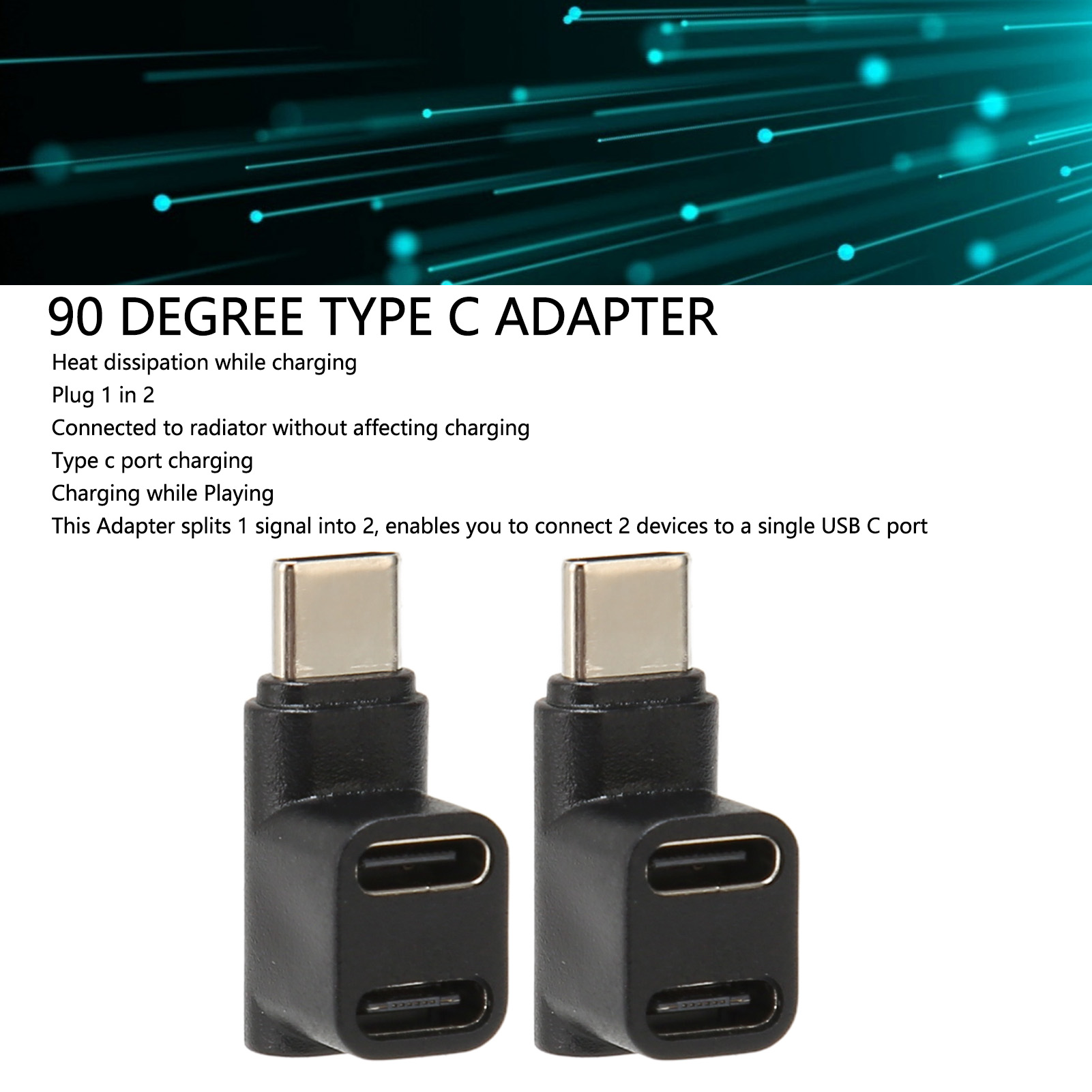 Zwei schwarze 90-Grad-USB-C-Adapter. Der Hintergrund hat tealfarbene Linien.