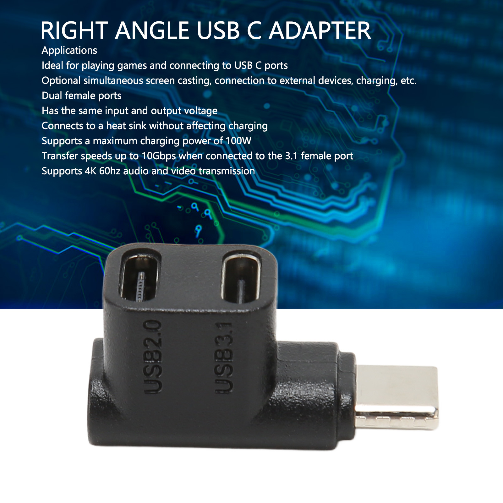 Schwarzer USB-C-Adapter mit zwei Buchsen und einem Stecker. Der Adapter ist abgewinkelt. USB 2.0 und 3.1 sind beschriftet.