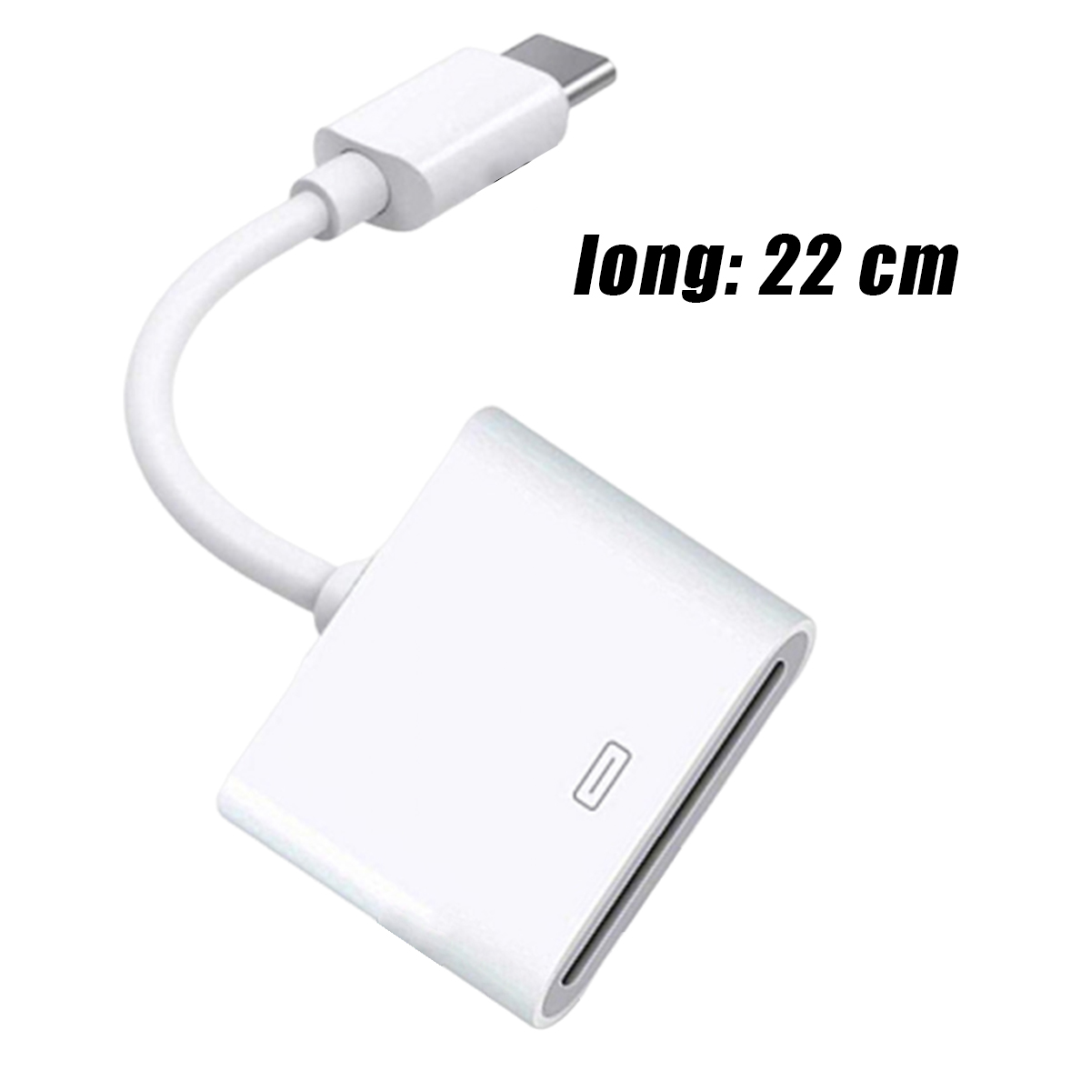 Ein weißes Kartenlesegerät mit USB-C-Anschluss. Das Kabel ist an einem weißen rechteckigen Gerät befestigt. Text: 'long: 22 cm'.