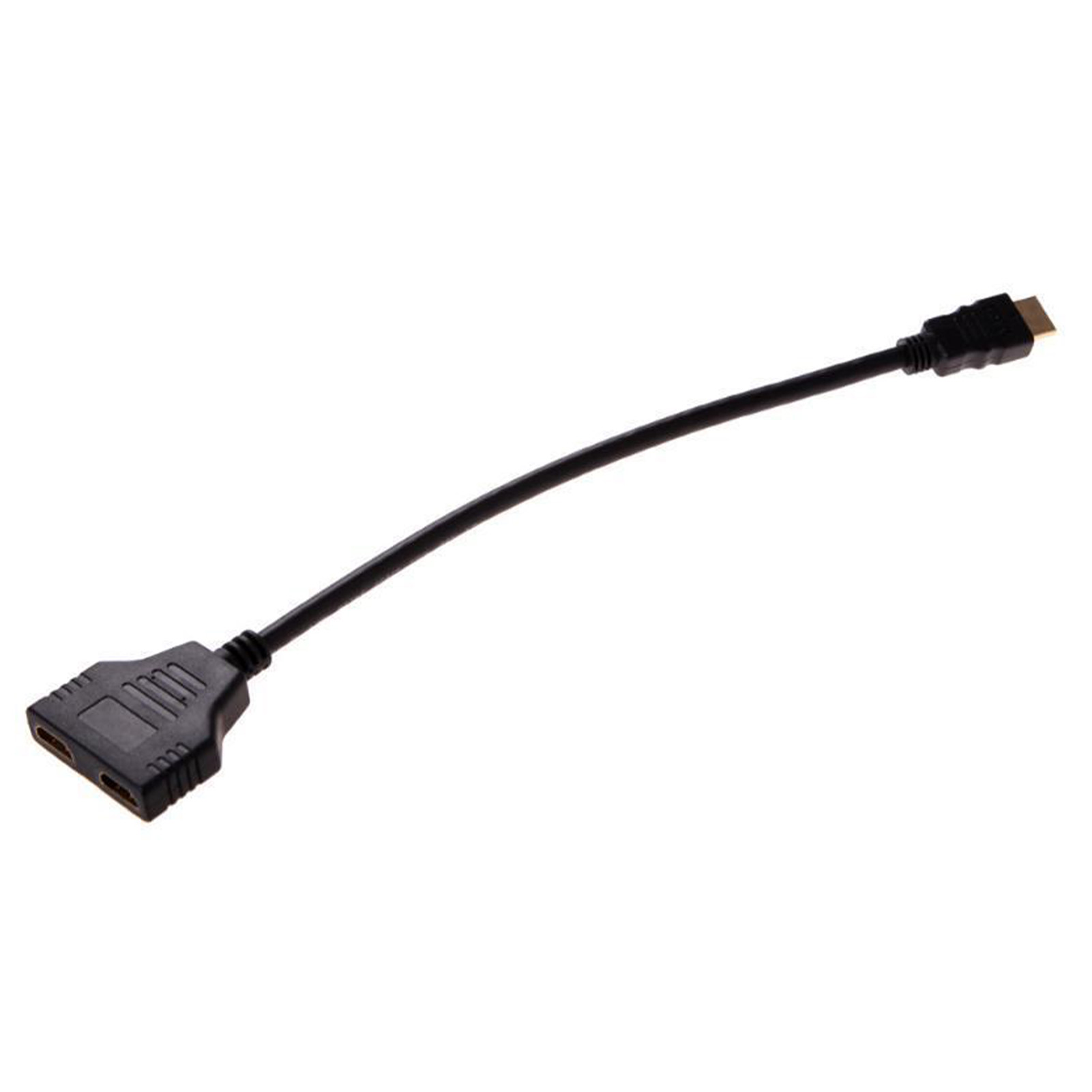 Ein schwarzes HDMI-Splitterkabel auf weißem Hintergrund. Es hat einen Stecker und zwei Buchsen.