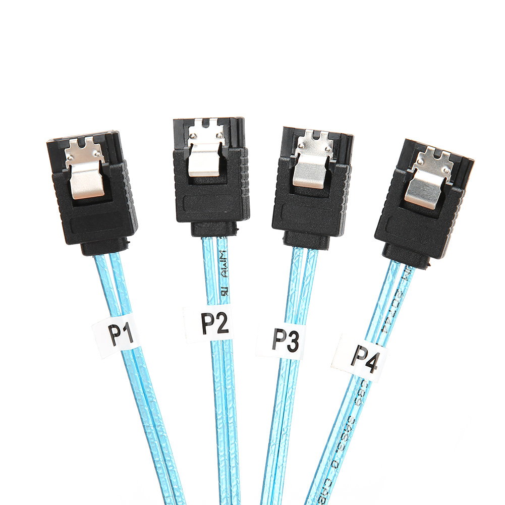 Vier SATA-Kabel mit schwarzen Steckern und hellblauen Drähten, beschriftet mit P1, P2, P3 und P4, vor weißem Hintergrund.
