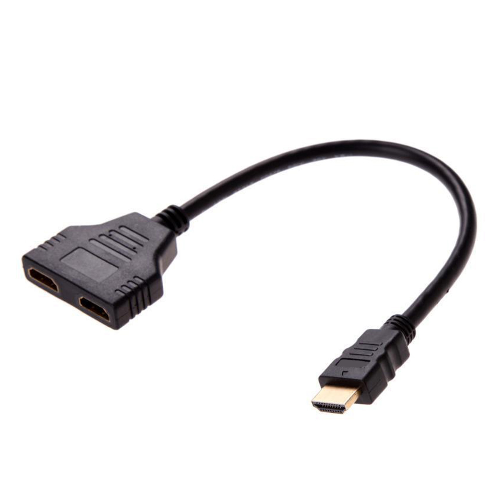 Schwarzes HDMI-Splitterkabel. Ein Ende hat einen einzelnen Stecker, das andere zwei. Weißer Hintergrund.