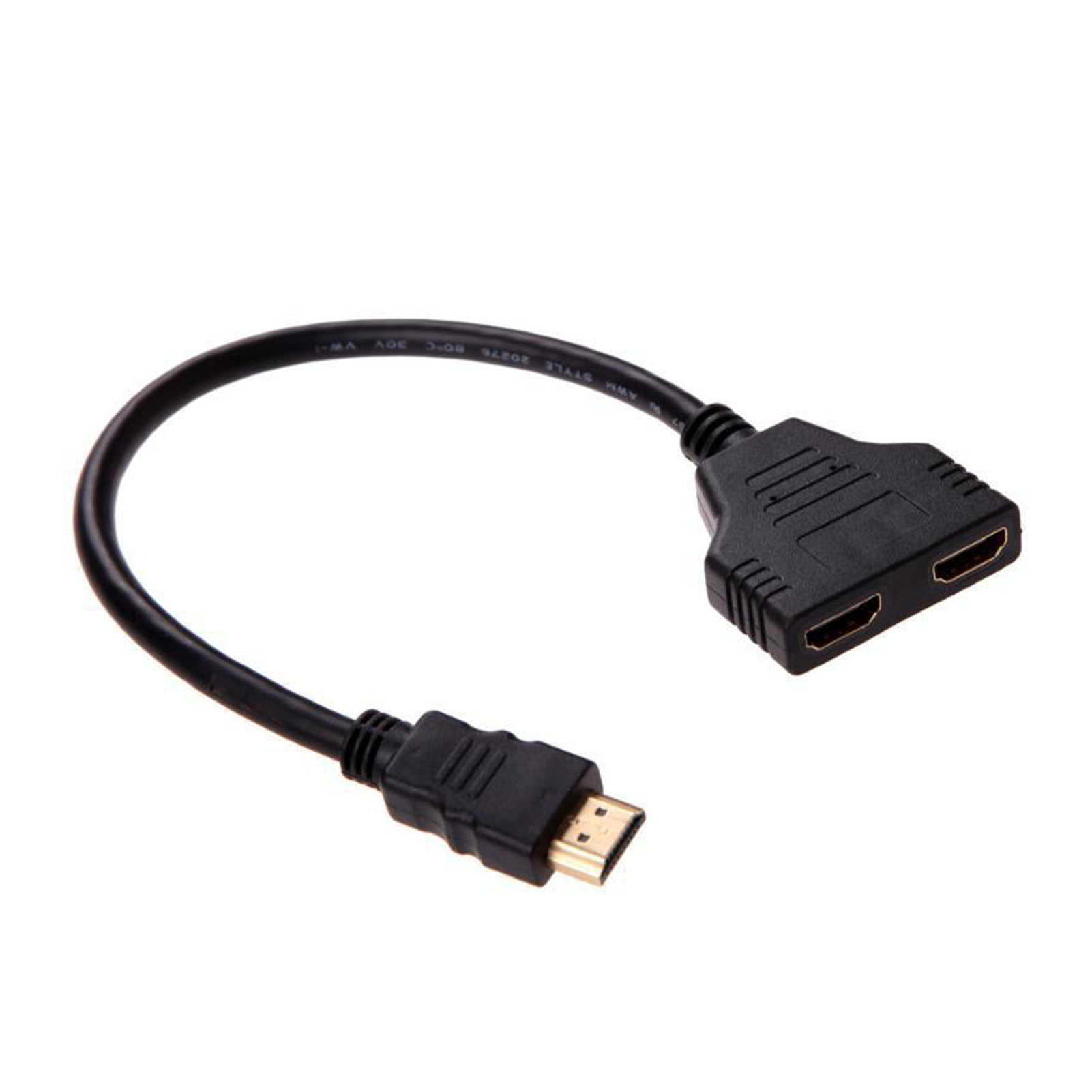 Schwarzes HDMI-Splitterkabel. Ein Ende hat einen HDMI-Anschluss, das andere teilt sich in zwei HDMI-Anschlüsse auf.