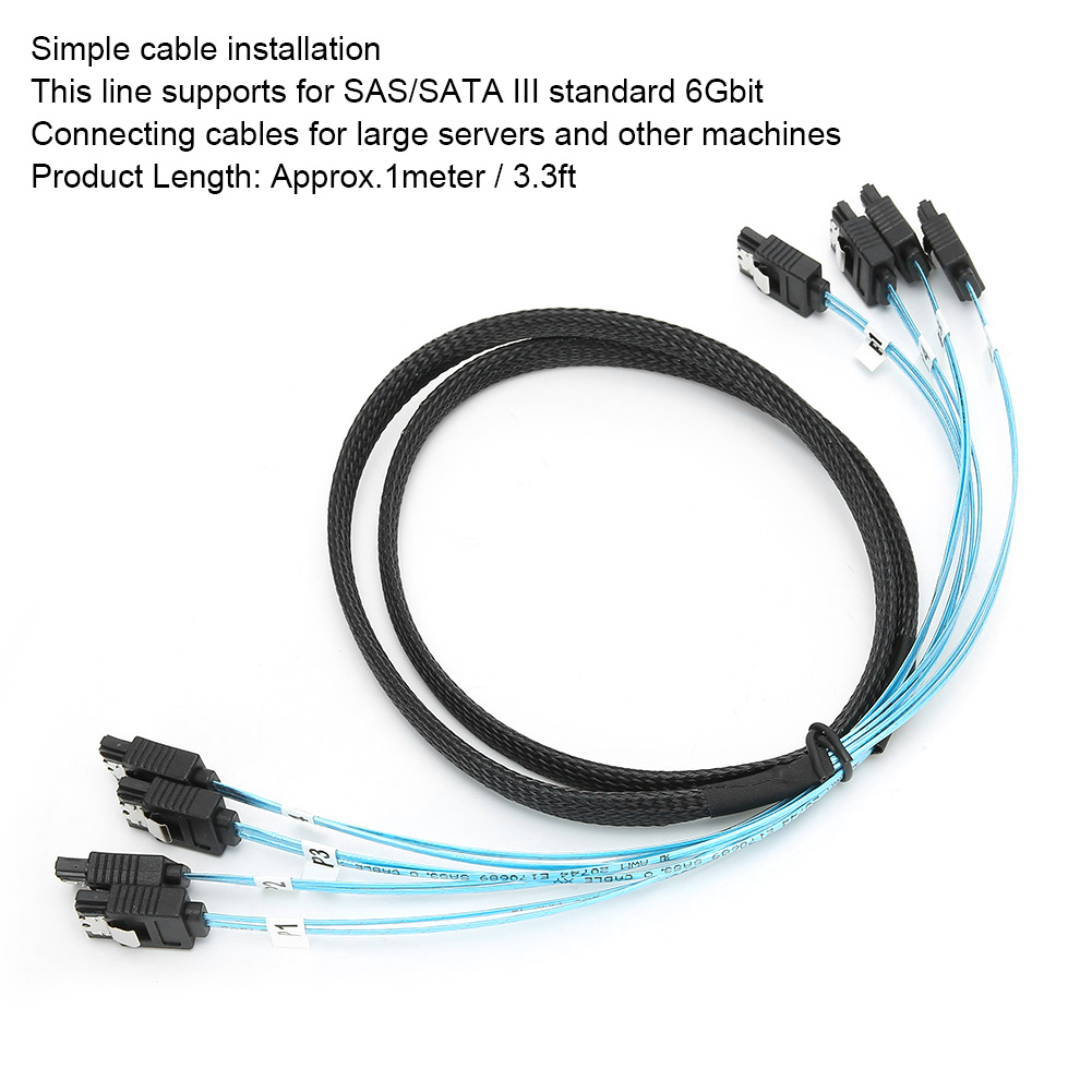 Schwarze und blaue SAS/SATA III-Kabel auf Weiß. Kabel haben Anschlüsse und sind aufgerollt. Text oben.