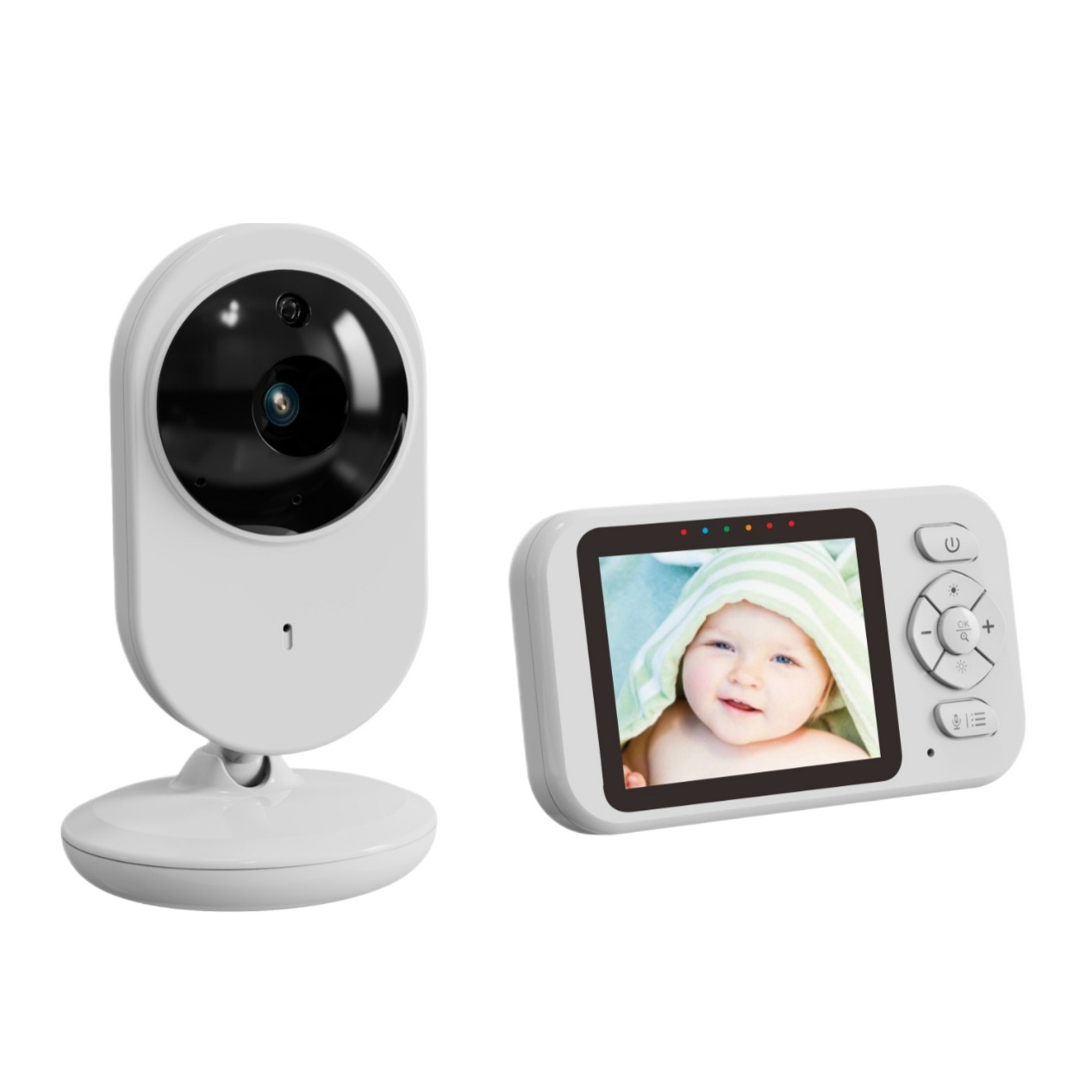 Ein weißer Babyphone mit Kamera und Bildschirm. Der Bildschirm zeigt ein Baby in einem Handtuch. Das Kameraobjektiv ist schwarz.