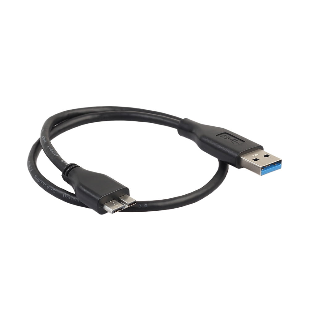 Ein schwarzes USB-Kabel mit einem Standard-USB-Anschluss und einem Micro-USB-Anschluss. Der USB-Anschluss hat blaues Plastik innen.