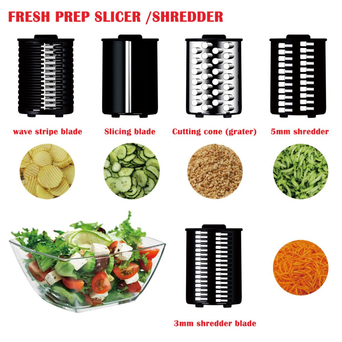 Das Bild zeigt verschiedene Klingen und zerkleinertes Essen. Enthält Wellenstreifen, Schneiden, Kegel, 5mm und 3mm Zerkleinerer und Salat.