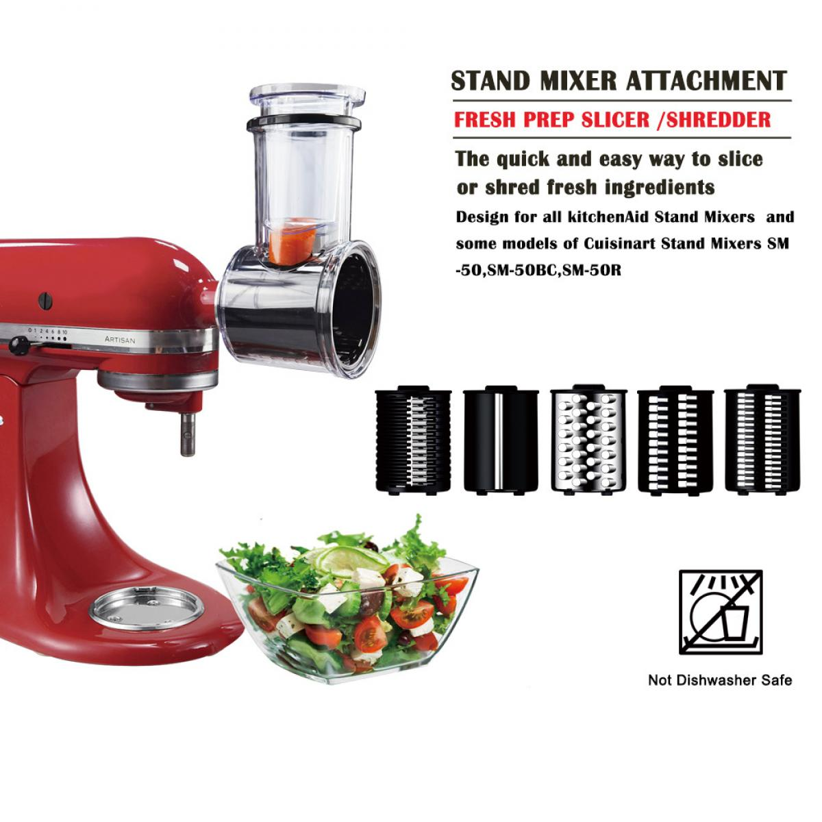 Roter Standmixer mit Aufsatz. Eine Schüssel Salat. Zerkleinerungsklingen und Text zum Produkt sind sichtbar.