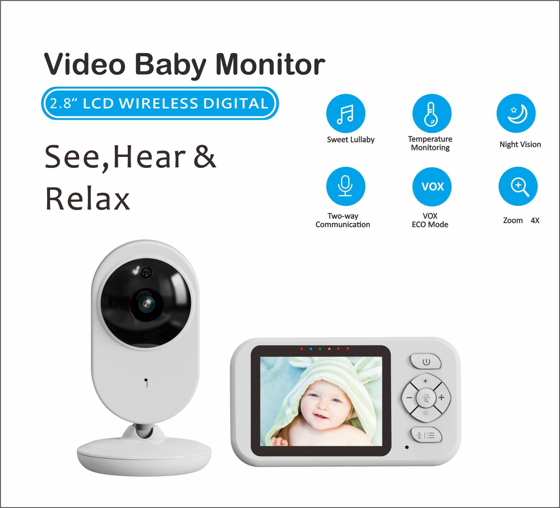 Ein Babyphone mit Bildschirm, das ein Baby zeigt. Zu den Funktionen gehören Nachtsicht, Zoom und Zwei-Wege-Kommunikation.