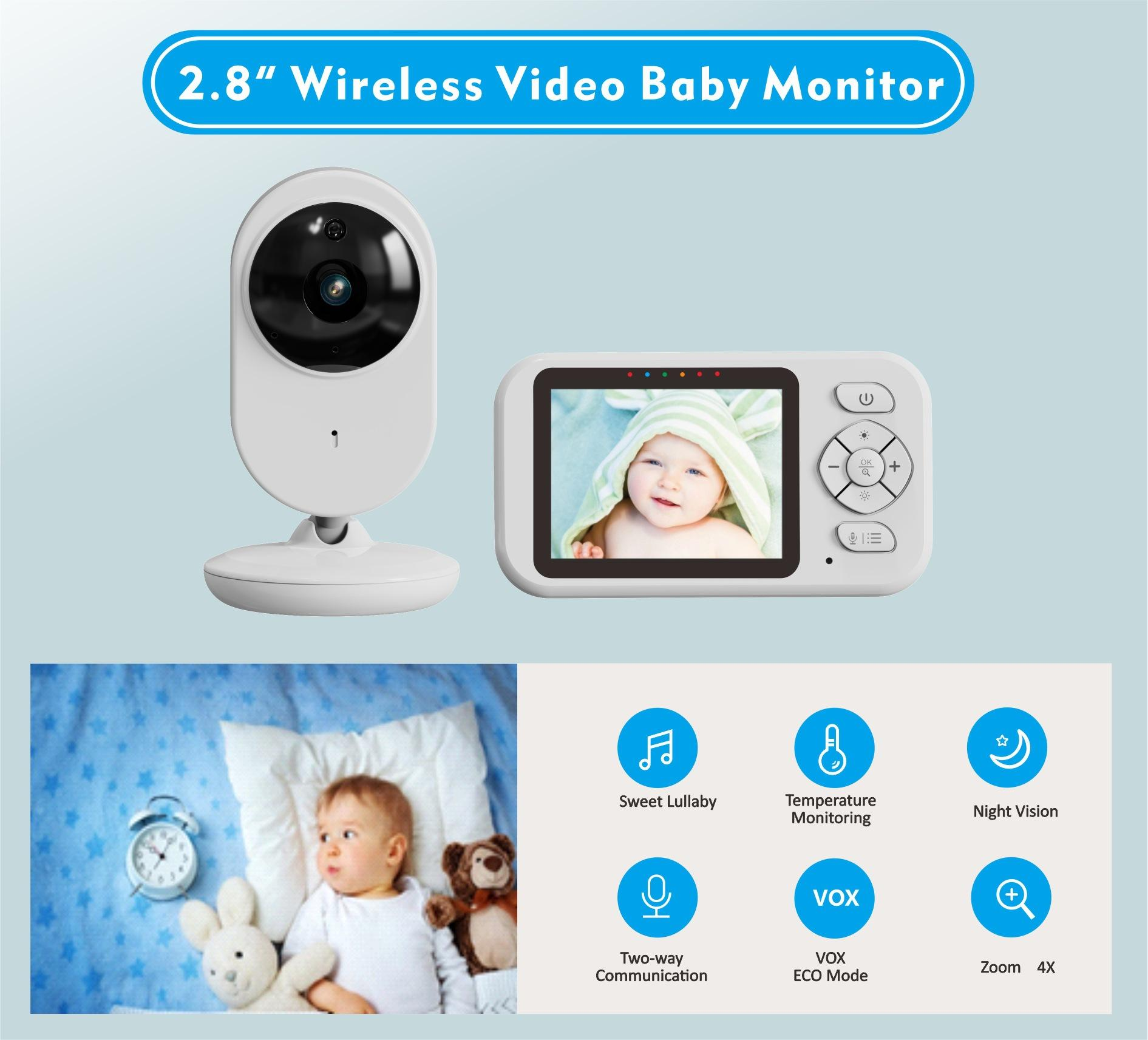 Ein Babyphone zeigt ein Baby und einen Monitor. Funktionen: Schlaflied, Temperaturüberwachung, Nachtsicht, Zwei-Wege-Kommunikation, VOX, Zoom 4X.
